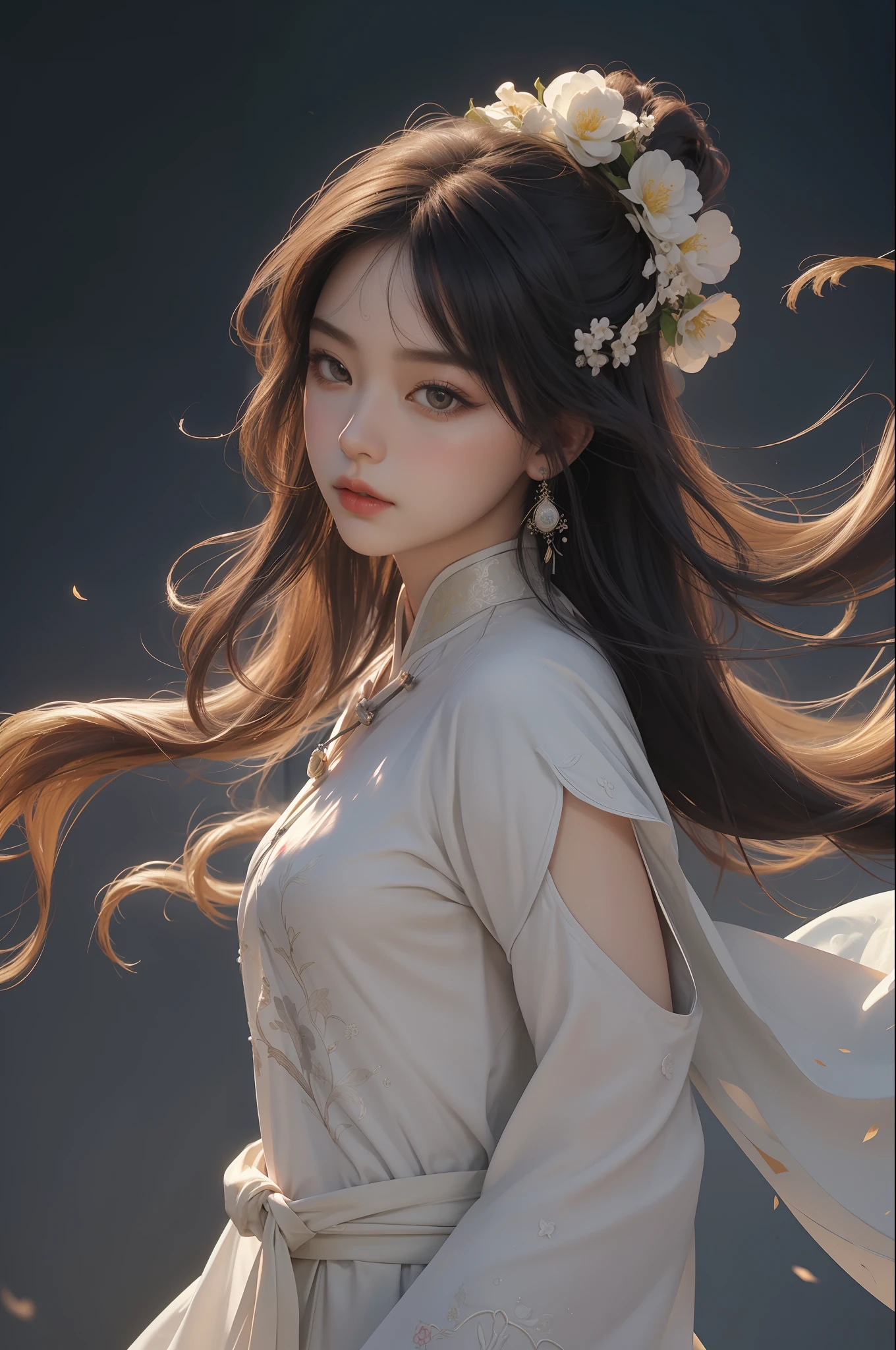 zhongfenghua, 1girl, solo, hanfu, ancient_chinese_architecture, flower field, blossom, (white smoke:1.3) (photorealistic:1.4), zentangle, mandala, entangle, official art, unity 8k wallpaper, ultra detailed, beautiful and aesthetic, masterpiece,best quality, (dynamic angle:1.4), glowing skin, (floating colorful sparkles:1) the most beautiful form of chaos, elegant, a brutalist designed, vivid colours, romanticism depth of field exotic_dance