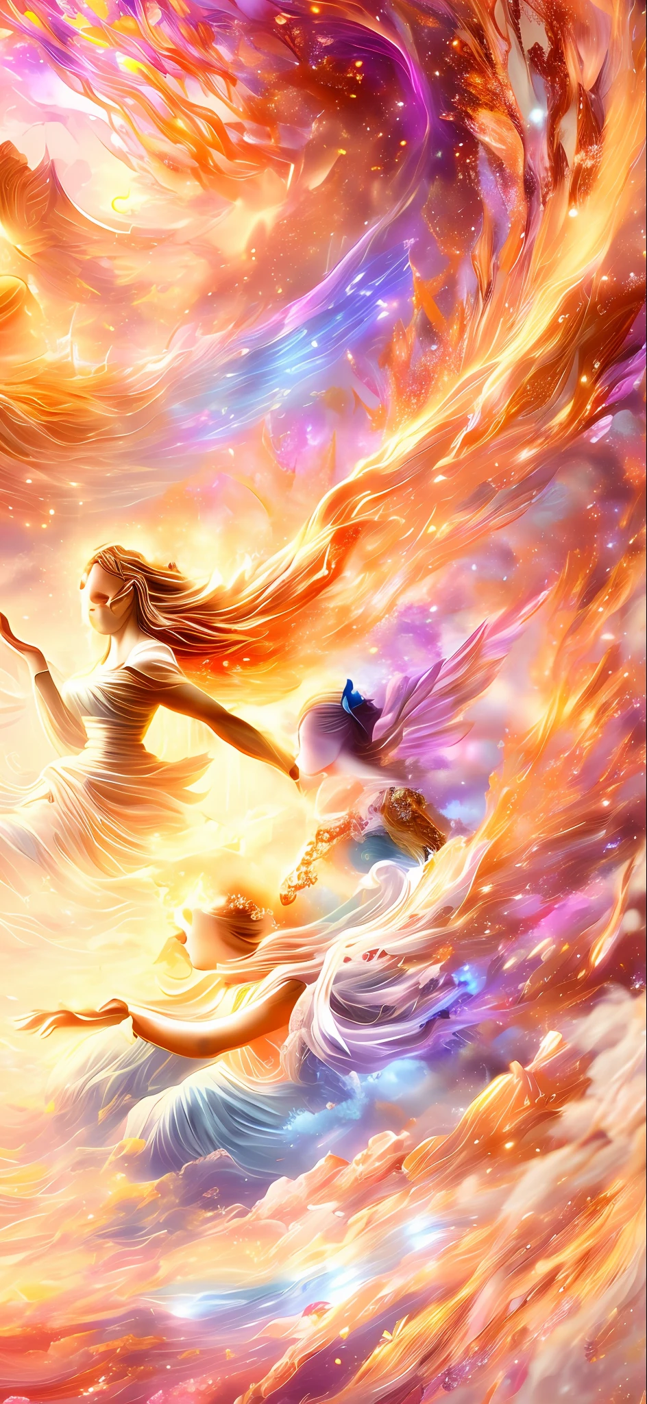 Angels, halos, flying in the air, flowing colors, dreams, complex flowing paints, super fine detail painting, deep dream universe, fantasy psychedelic anime, masterpiece, best quality, (very detailed CG unified 8k wallpaper), (best quality), (best illustration), (best shadow), elves, water, natural elements. Mysterious, beautiful, natural, shrouded in ice and fog, surrounded by fireflies (natural elements), (fireflies), (particle effects) and other 3D, octane rendering, ray tracing, super detailed, beautiful