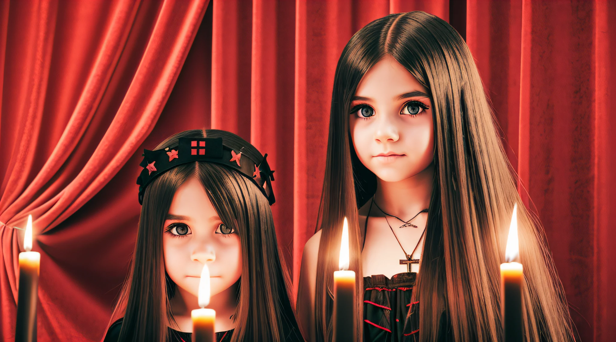 GIRLS CHILDREN, BACKGROUND WITH CROSSES, BLONDES WITH VERY LONG STRAIGHT HAIR GOTHS, WITH FIRE CANDLES. BACKGROUND RED CURTAINS.