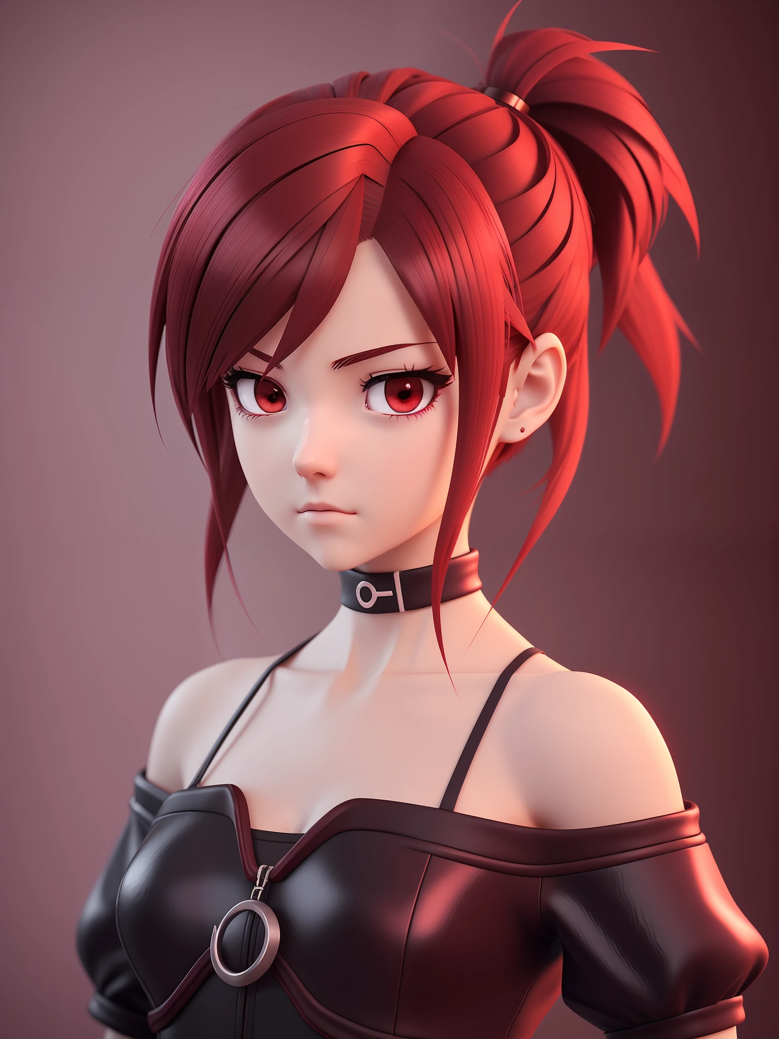 Young girl, a cartoon character dark red outfit, ((cold expression and tired eyes)), ((hair up to shoulder)), (red eyes), stylized character, animation character, stylized 3d render, 3d character, highly detailed character, stylized anime, stylized 3d, render character, character model, closeup, (maximum quality)