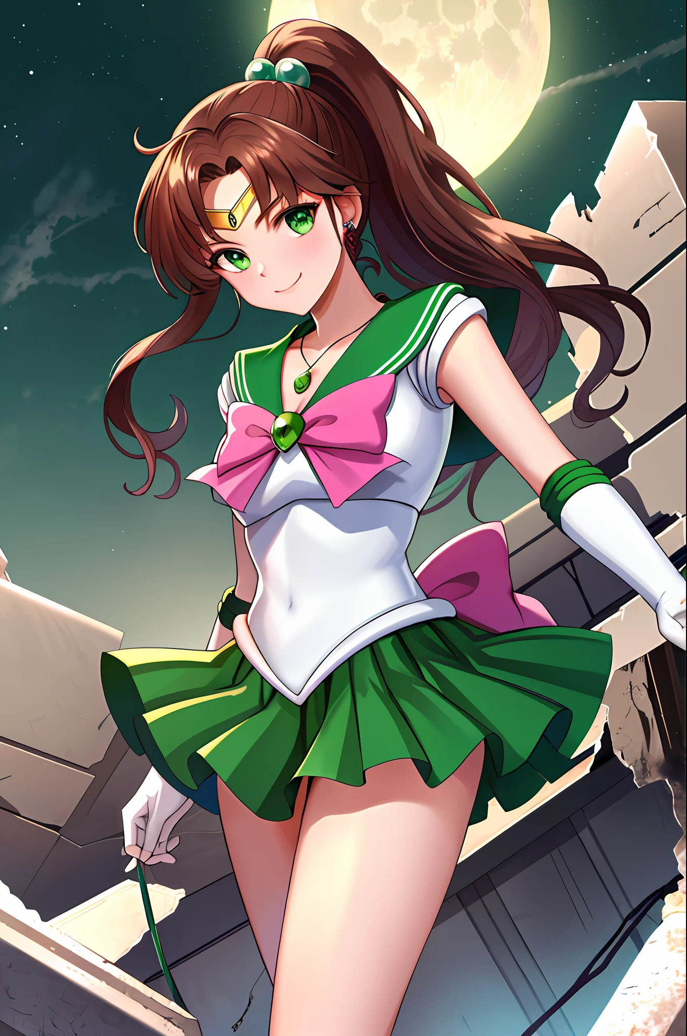 masterpiece, best quality, high resolution, hmjupiter, green eyes, ponytail, tiara, jewelry, sailor senshi uniform, green sailor collar, necklace, elbow gloves, white gloves, pink bow, brooches, tights, green skirt, denim shooting, standing, night, moon, smile, giantess, destruction of the city, ruins, collapsed buildings, overlook