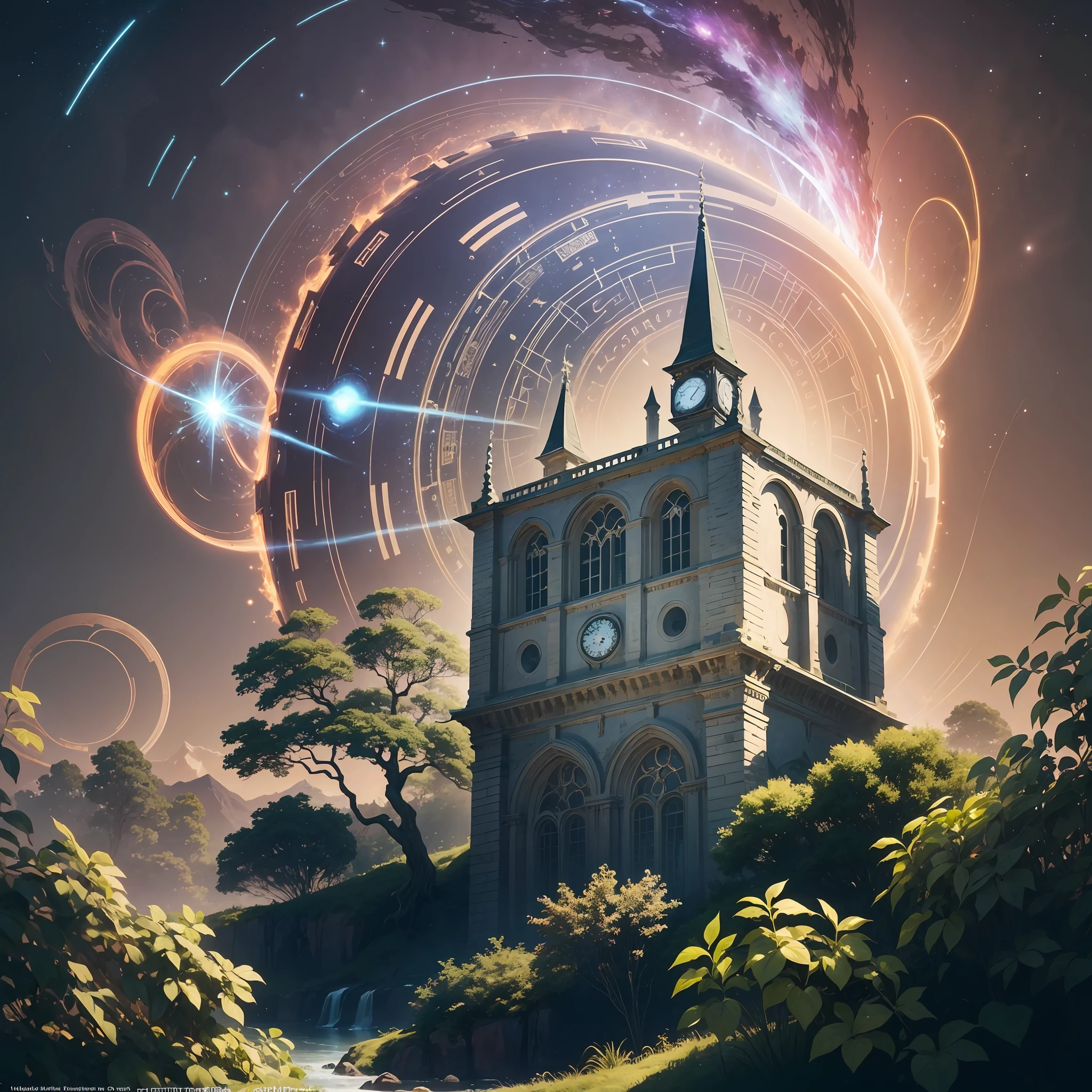 Compose a scene where an ancient clock tower stands tall amidst a surreal landscape. The sky is filled with celestial wonders—a mesmerizing cosmic ballet of stars and swirling nebulae. Rays of ethereal light emanate from the clock tower, casting an otherworldly glow on the surroundings.
Incorporate elements of nature merging with technology to evoke a sense of harmonious coexistence. Vines of intricate clockwork intertwine with vibrant foliage, symbolizing the blending of organic and mechanical realms. Let cascading waterfalls cascade into shimmering rivers, mirroring the flowing currents of time.
Use subtle colours such as black, white, beige, the colours should evoke a sense of both mystery and discovery. Additionally, add subtle hints of temporal distortion—ripples in space-time or wisps of energy that suggest the potential for time manipulation. --auto --s2