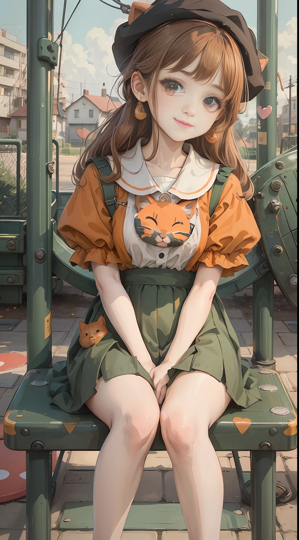 A girl sits on the edge of the playground, Face the lens, An orange cat is next to it, crossed bangs, beret, heart-shaped pupils, mole under eye, crystal earrings, light smile, Ghibli-like colours, Fujicolor, film grain, collage, masterpiece, retina