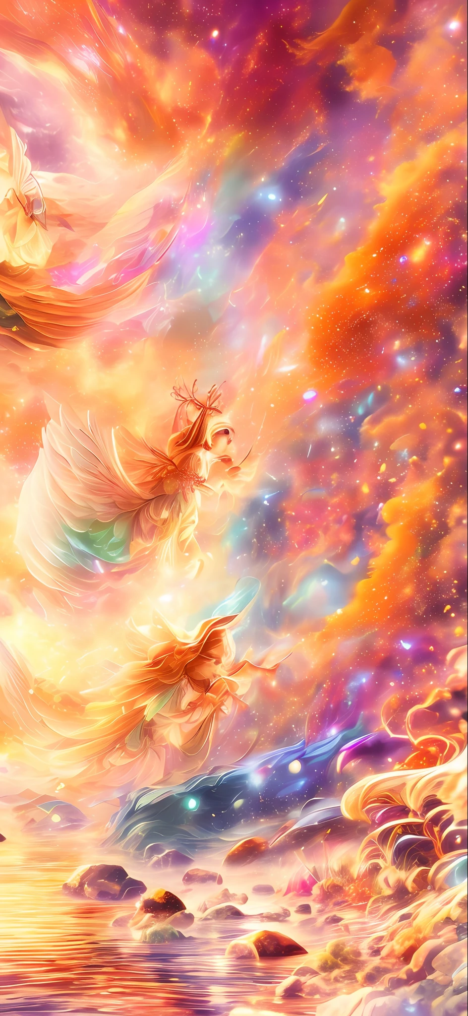 Angels, halos, flying in the air, flowing colors, dreams, complex flowing paints, super fine detail painting, deep dream universe, fantasy psychedelic anime, masterpiece, best quality, (very detailed CG unified 8k wallpaper), (best quality), (best illustration), (best shadow), elves, water, natural elements. Mysterious, beautiful, natural, shrouded in ice and fog, surrounded by fireflies (natural elements), (fireflies), (particle effects) and other 3D, octane rendering, ray tracing, super detailed, beautiful