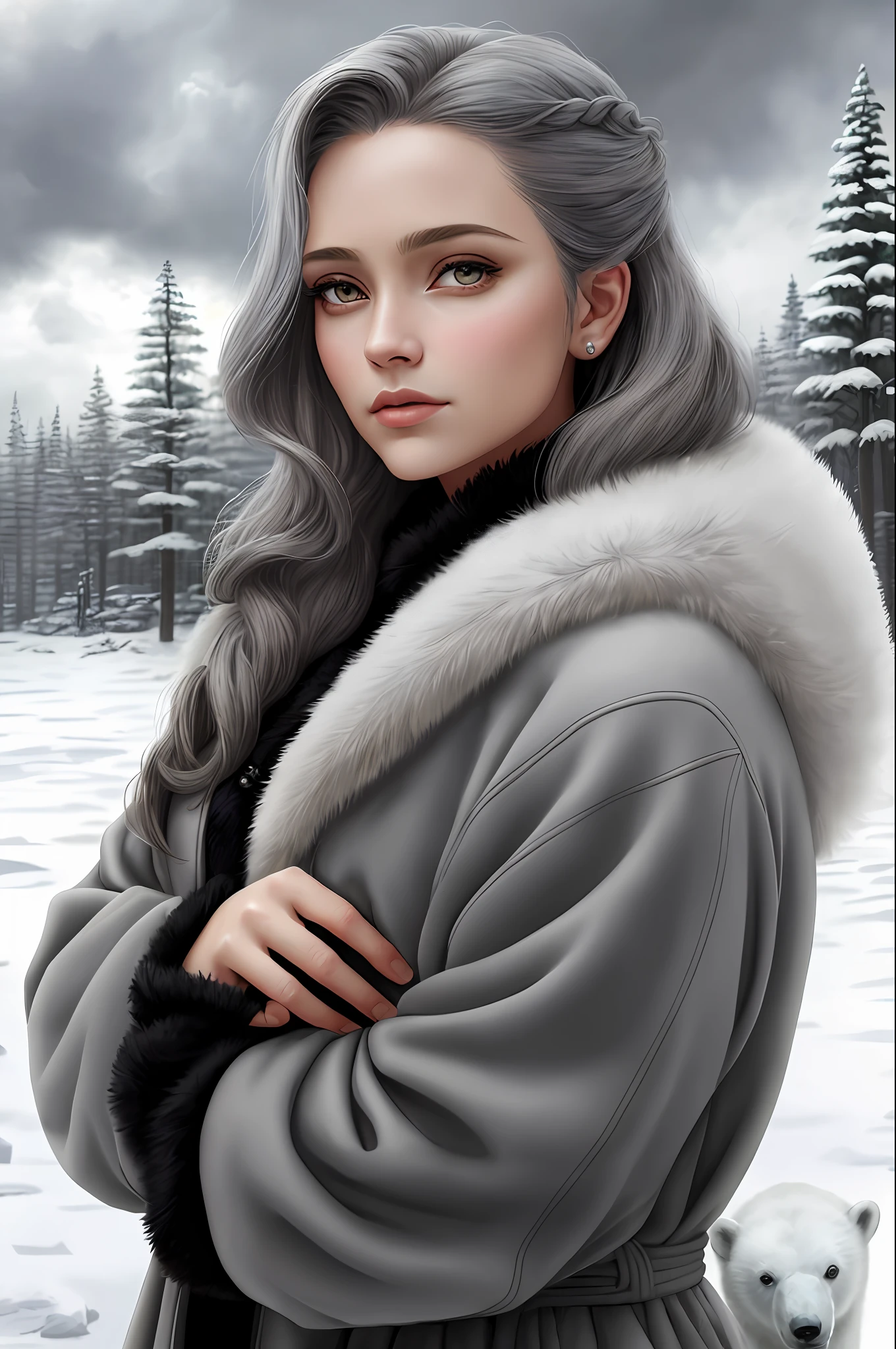 (fantasy style, portrait of shy petite woman, close up, extremely beautiful, long wavy hairstyle, pretty grey eyes, wearing black winter coat), cold atmosphere, winter themed, (hugging polar bear cub), snow, Style-Winter, pine trees, dark storm clouds, fluffy clouds in the background, unreal engine, (masterpiece, Intricate, epic detailes, Sharp focus, dramatic, surreal oil painting),