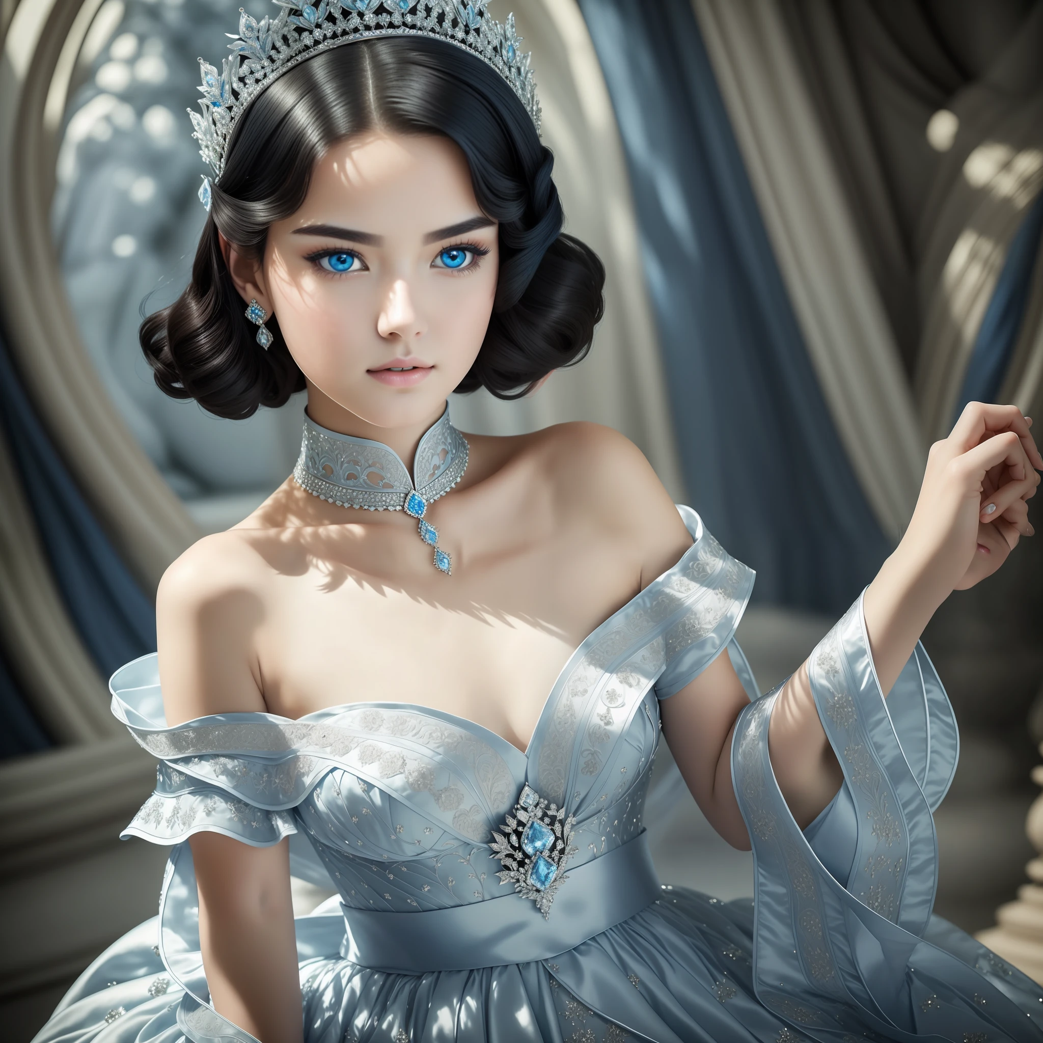 best quality, masterpiece, striking photo of a very beautiful princess, square face, serene facial expression, short black hair in a hairstyle with a silver crown, blue eye, pale skin, costumes: blue and silver dress and dark blue behaved,