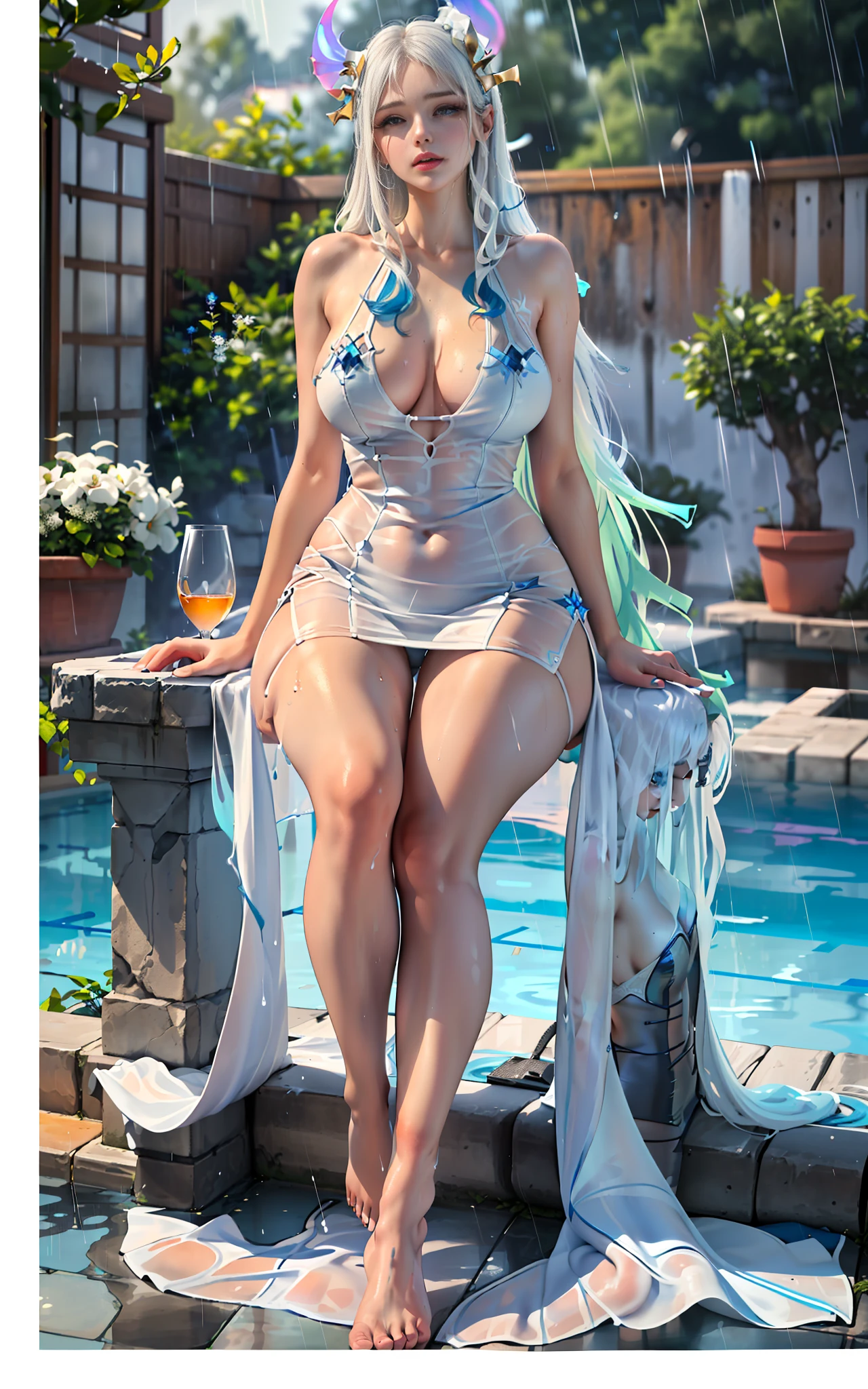 Thick fleshy thighs tightened by white stockings, huge breasts. Transparent gauze, painting, (best quality, 4k, Masterpiece: 1.4), Beautiful Woman, Surreal, 1 Girl, ((Facing the viewer, hand caressing her own chest)), (Sagging breasts, Charming body: 1.6), Sit-ups: 1.1, Blue and white gradient long hair: 1.8, (Wet rain, Rain wet, Wet body: 1.7), Ultra-detailed face, detailed lips, detailed eyes, double eyelids, sexy low neck dress, open neckline, hanging breasts, side pose, visible curves, pool party, poolside, white transparent, muscular turning legs
