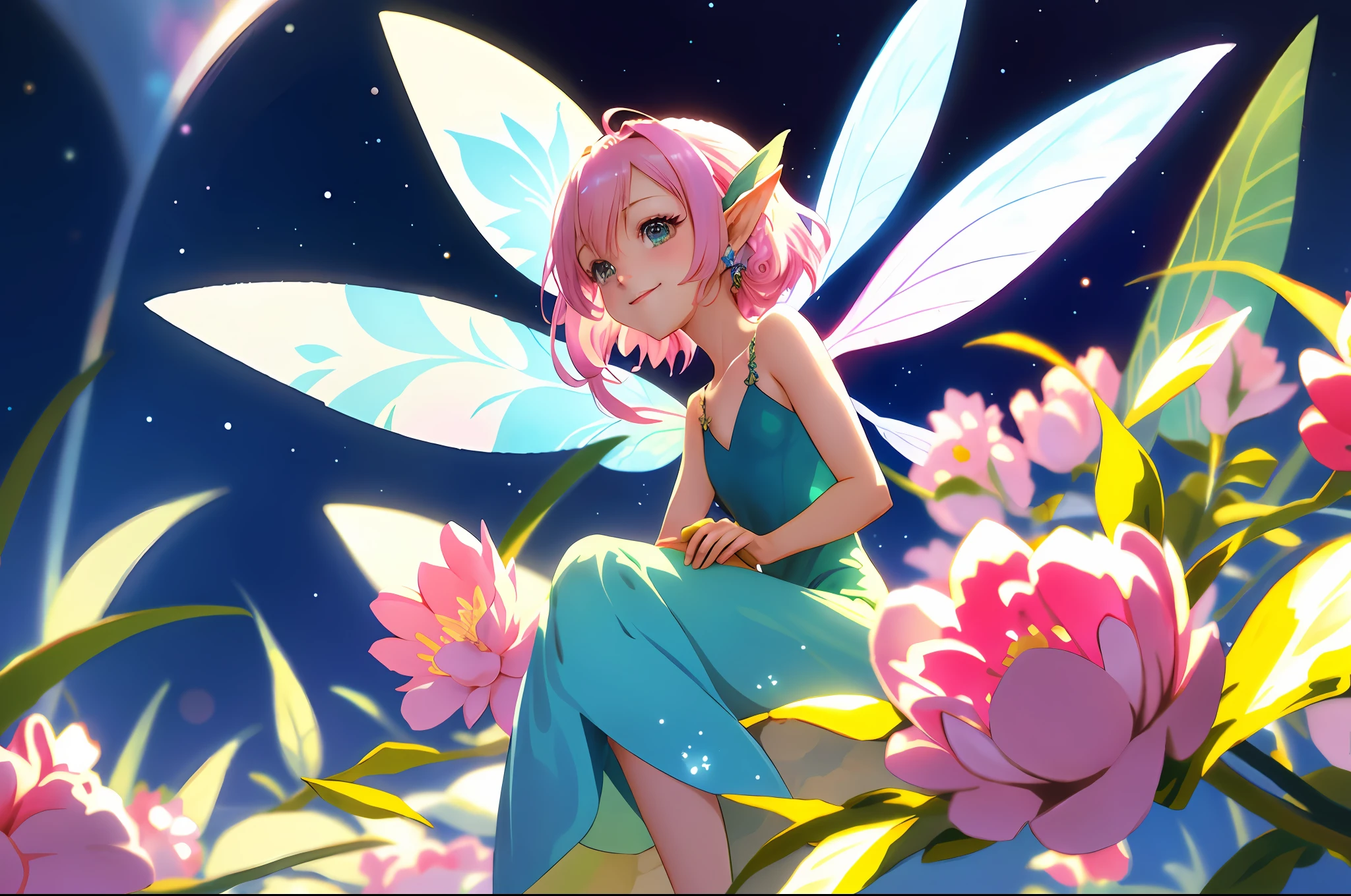 anime - style image of a fairy sitting on a flower, space flower fairy, elf girl wearing an flower suit, pixie character, faerie, portrait of a fairy, fae, smiling as a queen of fairies, queen of the fairies, elf girl, high quality anime artstyle, portrait of fairy, astral fairy, beautiful fairy, official fanart, fairy