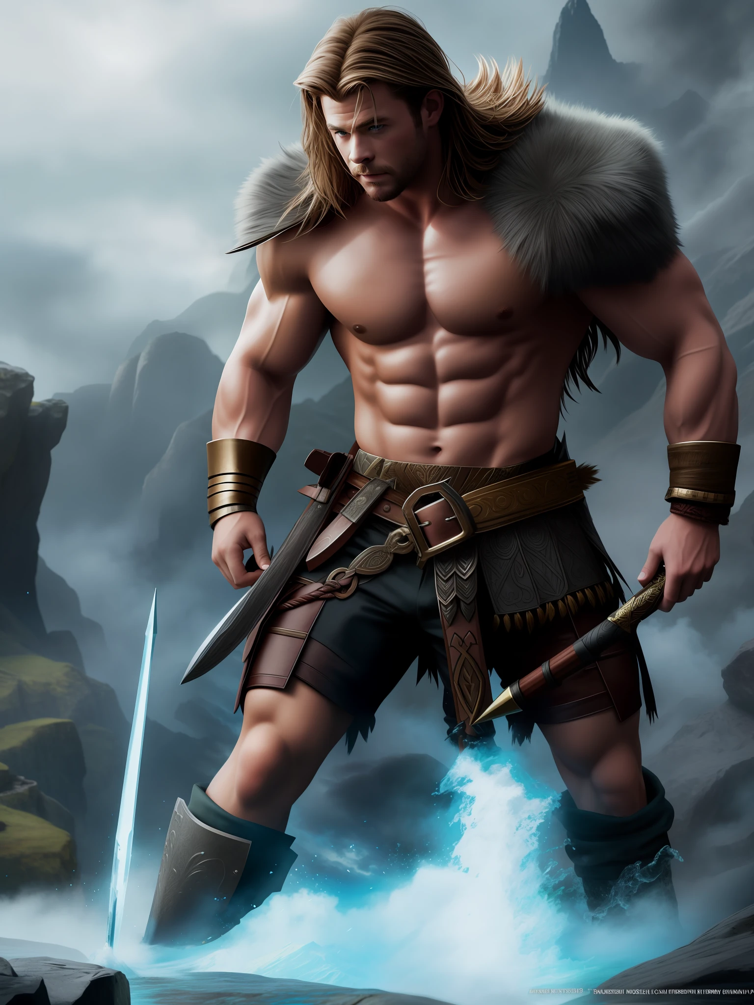 Chris Hemsworth as a barbarian from dungeons and dragons, lean muscles, DnD, in the style of realistic and hyper-detailed renderings,dungeons and dragons, 8k, detailed eyes, perfect eyes, epic , dramatic , fantastical, full body , intricate design and details, dramatic lighting, hyperrealism, photorealistic, cinematic, 8k, detailed face, Dramatic photo,epic photo, whole body,barbarian
