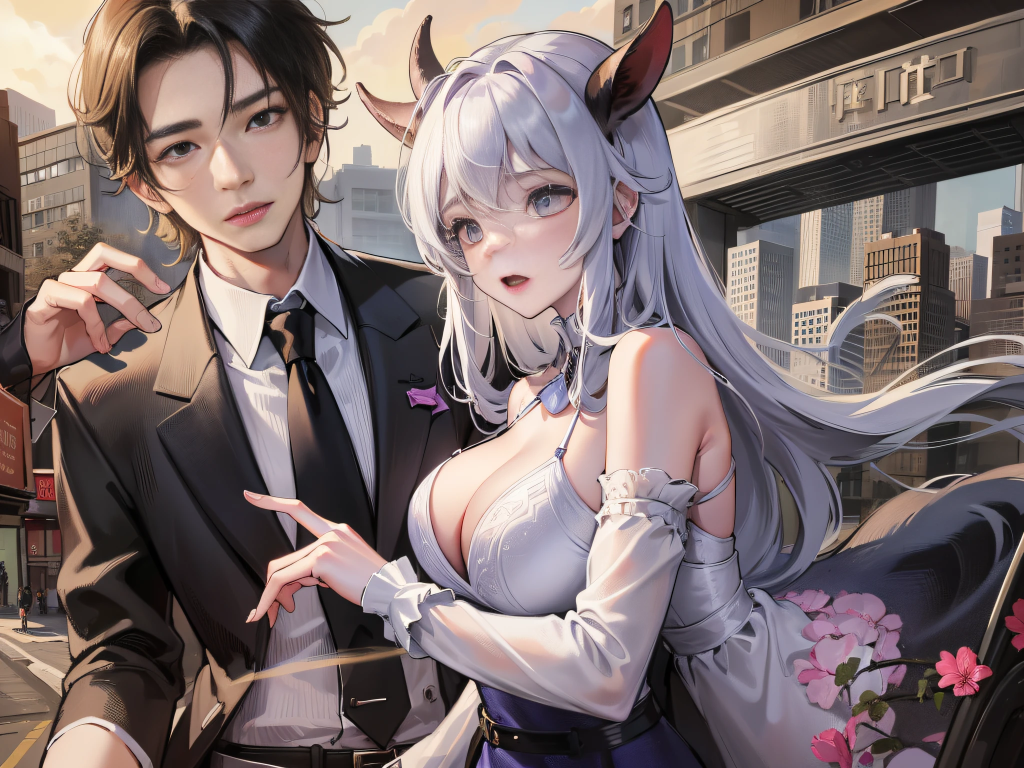 A man and a woman in the trunk of a station wagon, an uncle in his 30s, an 18-year-old girl. The uncle was wearing a suit and a goat's beard, staring at his adopted daughter with a squint. The adopted daughter has white skin, wears a sexy dress, and has big breasts. Long hair that reaches the waist. Men press on women. The woman's clothes were half off, the man's eyes were longing, and the woman's eyes were full of fear