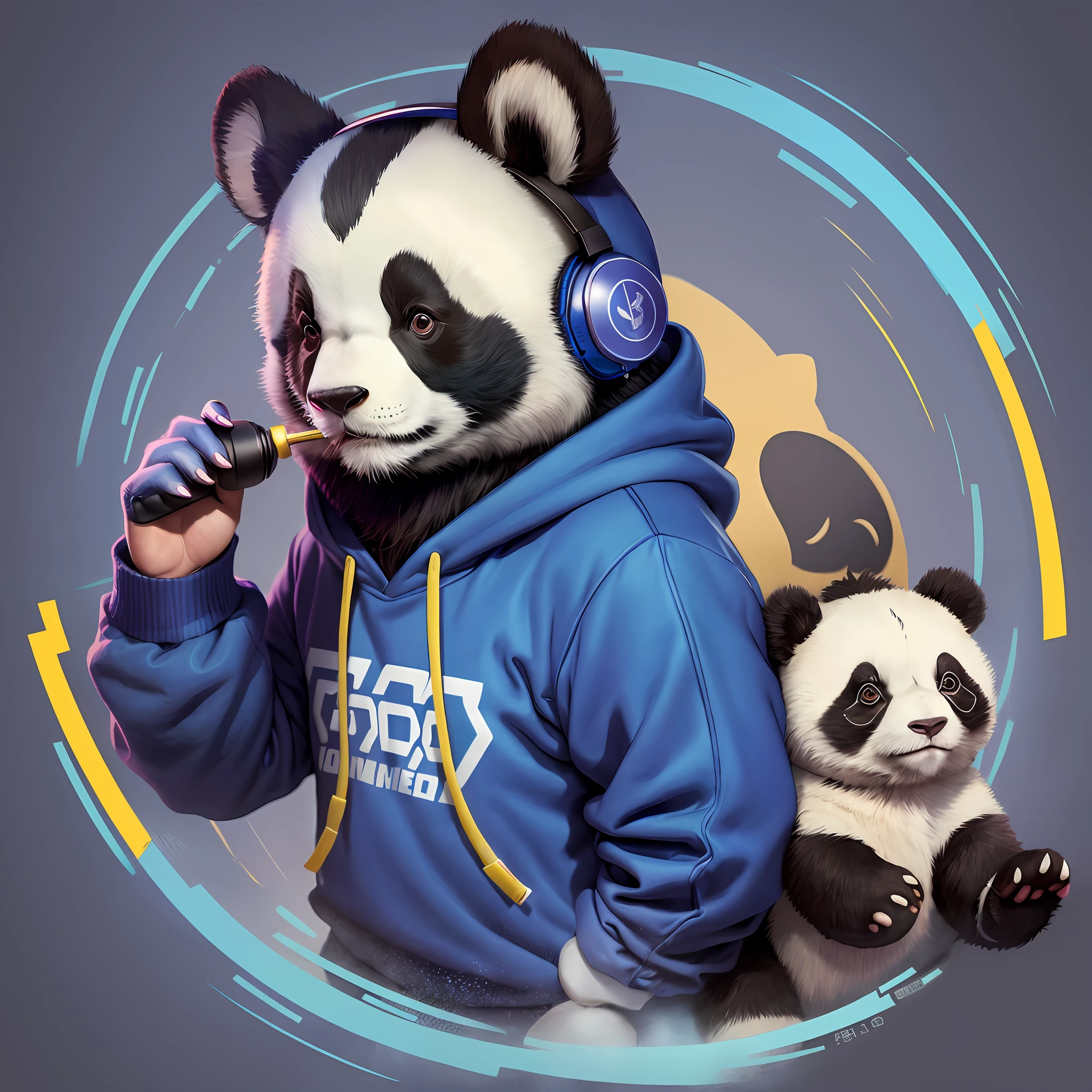 "(panda wearing blue sweatshirt, (highly detailed: 1.2+black outline: 0.9), cartoon-style headset), cozy art, pastel colors, purple: 0.8, yellow: 0.8, high quality)"