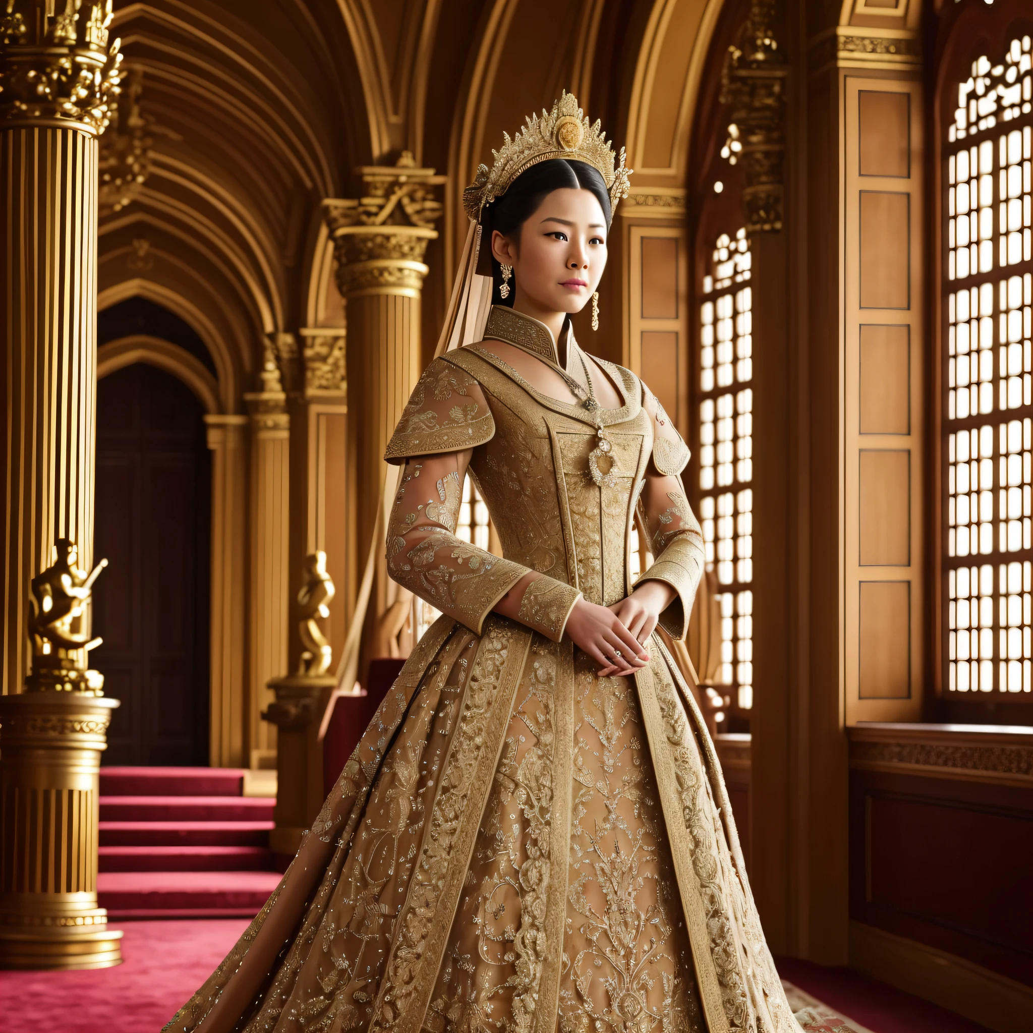 A cinematic scene, detailed photograph from fictional Oscar-winning historical drama 'The Last Empress'. The close up image captures the Empress in her royal attire, standing in a grand hall of palace. The intricate datails of her costume and the grandeur of the palace create a visually striking image the showcases the film's meticulous attention to historical accuracy and the stunning costume design that won it the Oscar. --auto --s2