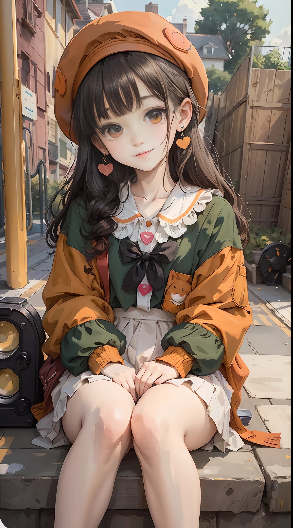 A girl sits on the edge of the playground, Face the lens, An orange cat is next to it, crossed bangs, beret, heart-shaped pupils, mole under eye, crystal earrings, light smile, Ghibli-like colours, Fujicolor, film grain, collage, masterpiece, retina