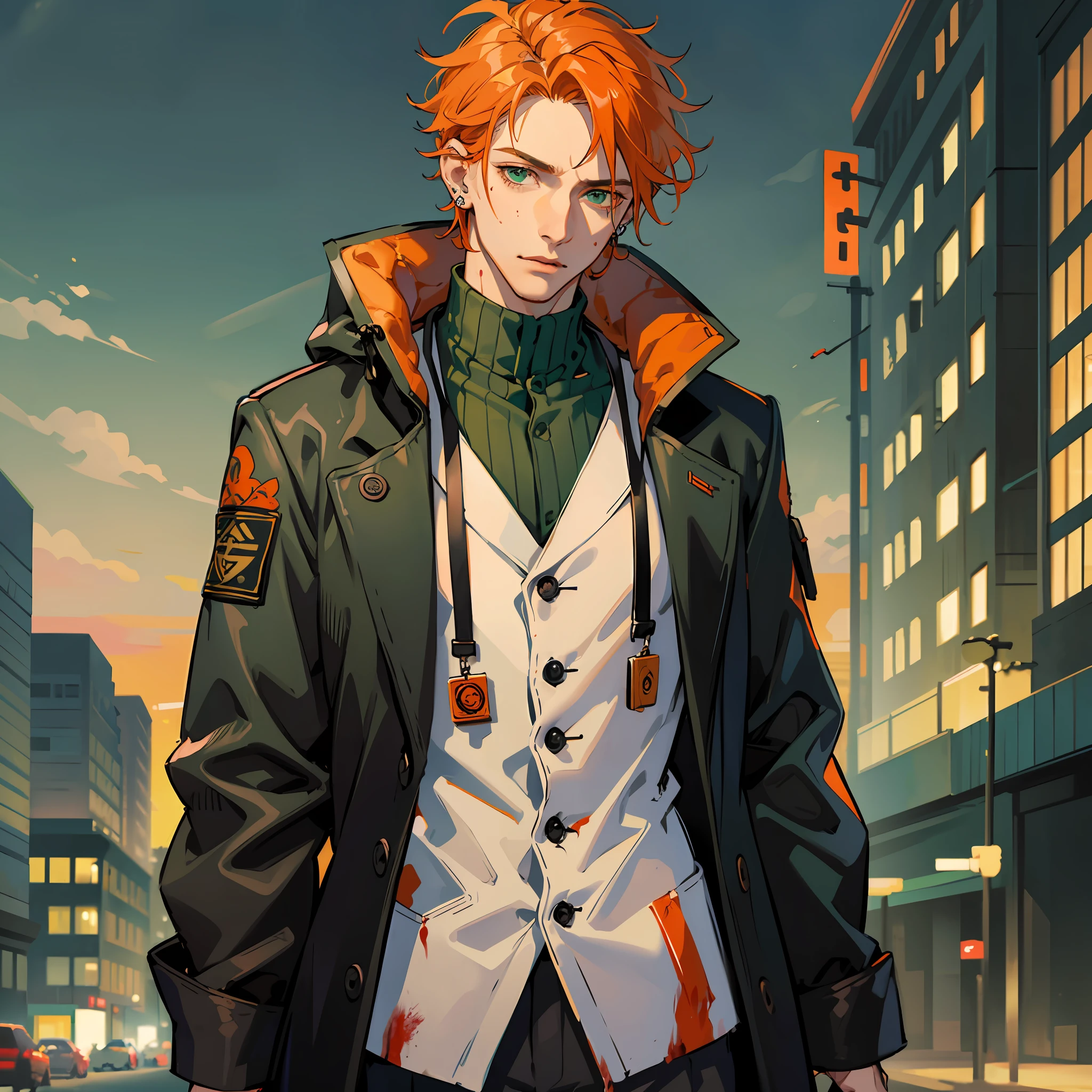 1 male killing someone, handsome, male, adult male, older guy, broad shoulders, tall height, ((green eyes)), ((orange hair, hair tied), piercings, older face, adult, anime version, clothing with black coat, tall man, anime, clothing with black coat,showing the whole character, only one character, only one person, blood on clothing, at night,  Gun in hand, blood on face