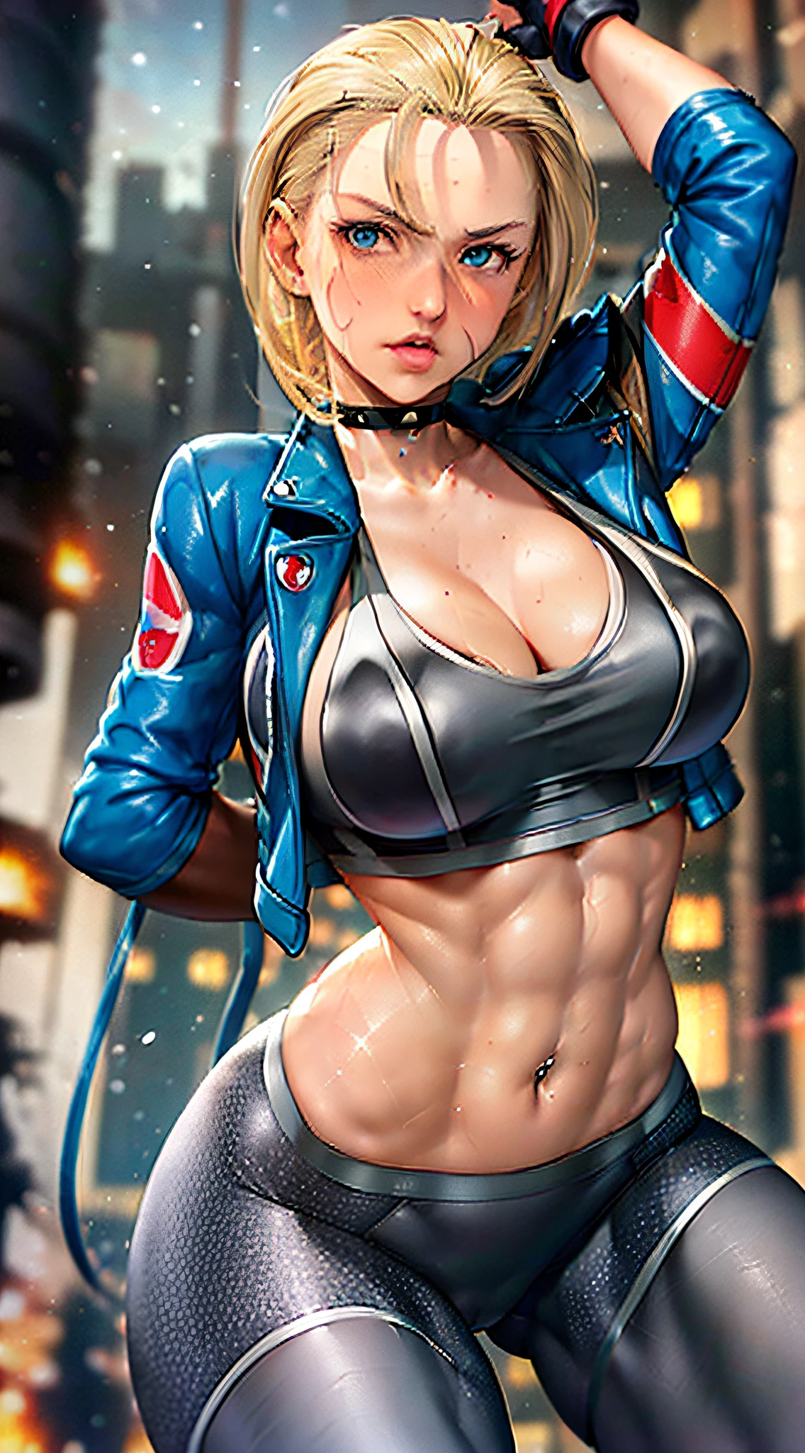 ((masterpiece)), ((best quality)), (ultra-detailed), ((sexy)), ((extremely detailed)), 4K, (8K), best quality, (beautiful), full body focus, upper body, background focus, (((Cammy))), white Cammy, Cammy from street fighter 6, ((1girl)), ((scar from left side face)), ((mature women)), open navel, midriff, (((medieval town)), desert, morning, (((dark grey sports bra)))), ((beautiful blue eyes)), (((blue jacket)),  Beautiful shiny hair, (((dark gray pantyhose)))), muscular body, choker, sit-ups, big breast, wiggling ass for camera.