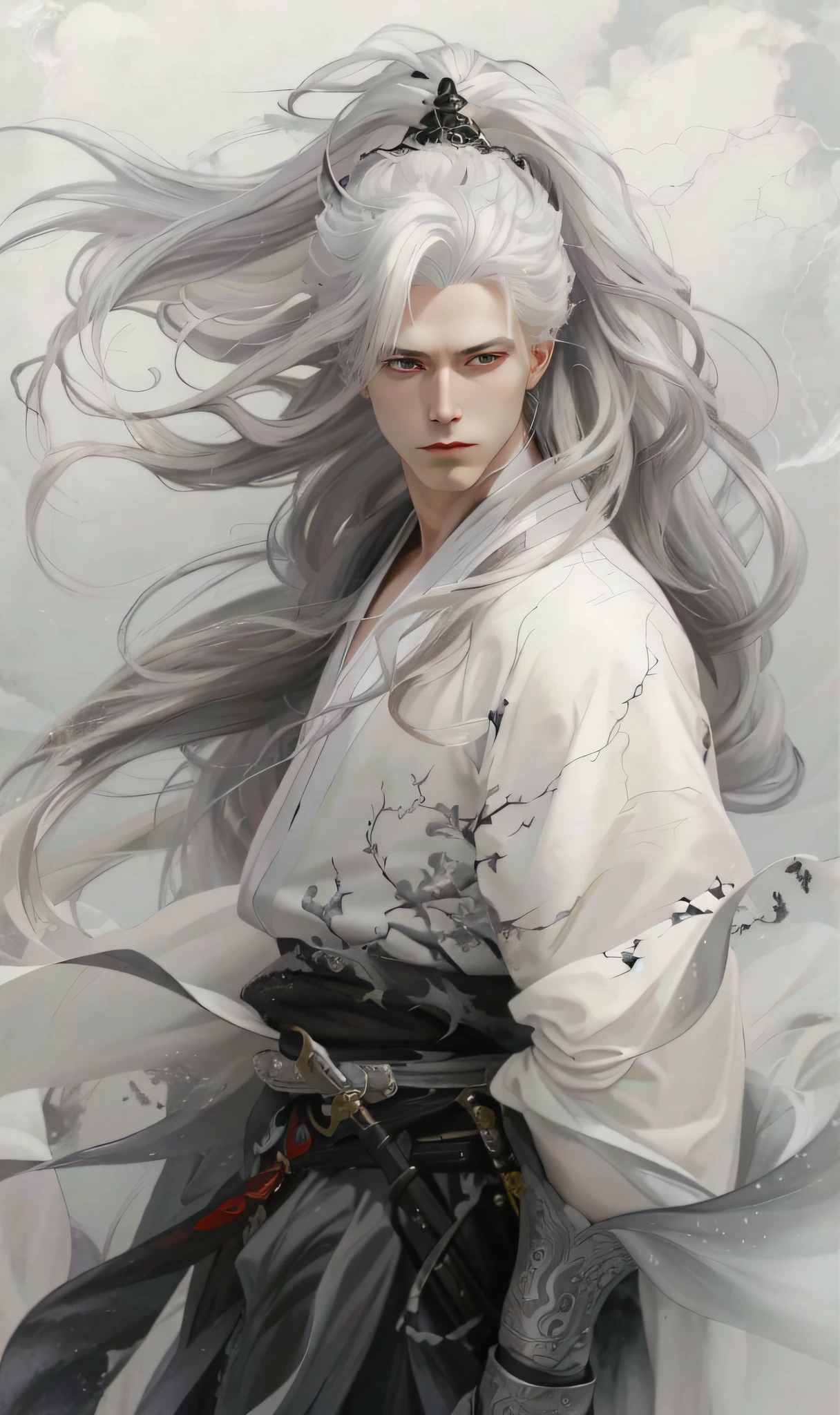 Close-up of a long haired man holding a sword, white hanfu, black embroidery, demon killer, handsome guy in art, long white hair, white long hair, white hair god, flowing hair and robes, beautiful character painting, anime character art, anime characters, detailed anime character art, male anime characters, white hair, flowing white hair