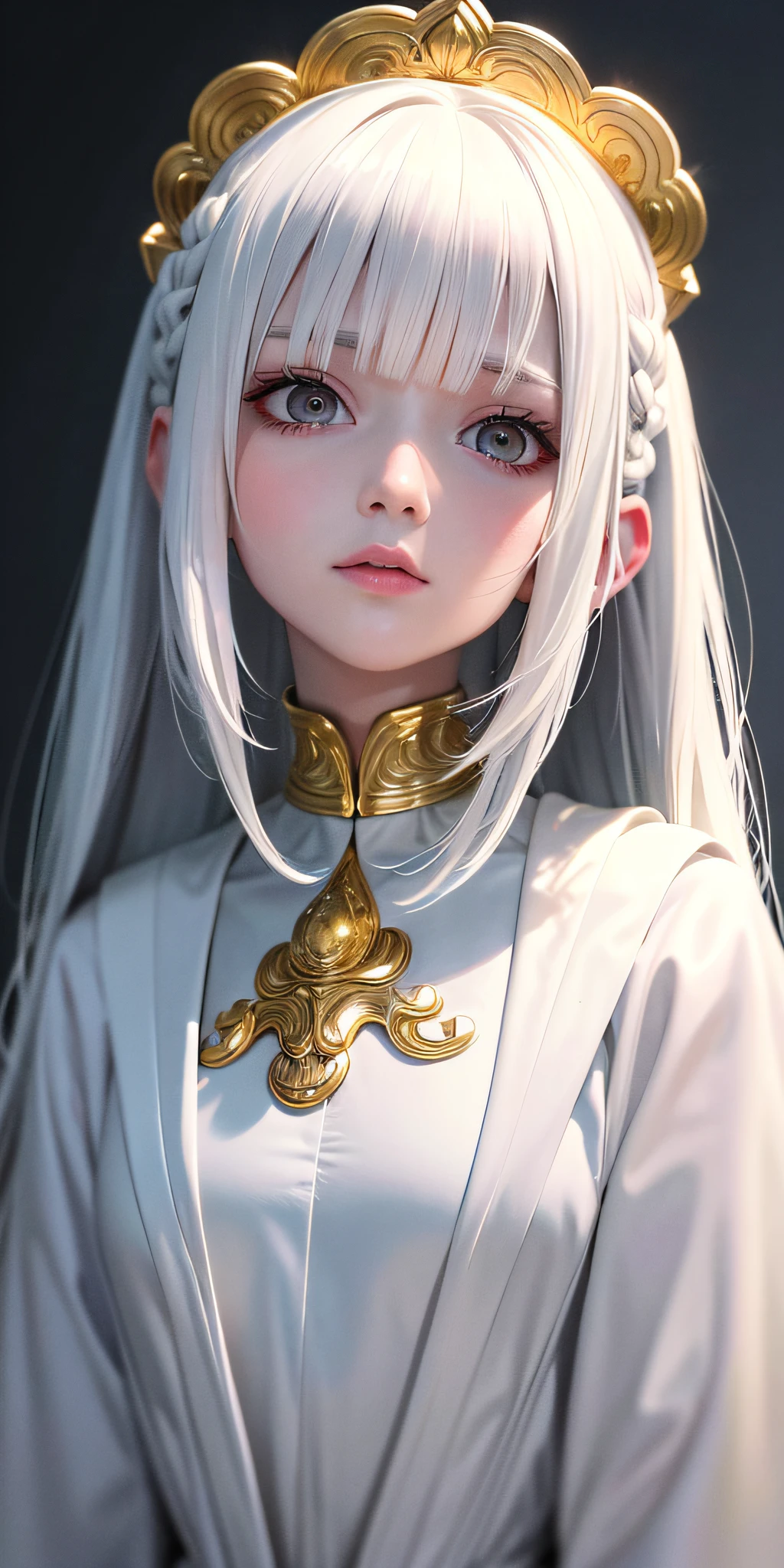 best quality, masterpiece,white hair, gold eyes,white clothes, looking up, upper body,hair strand,Fair skin,side braids