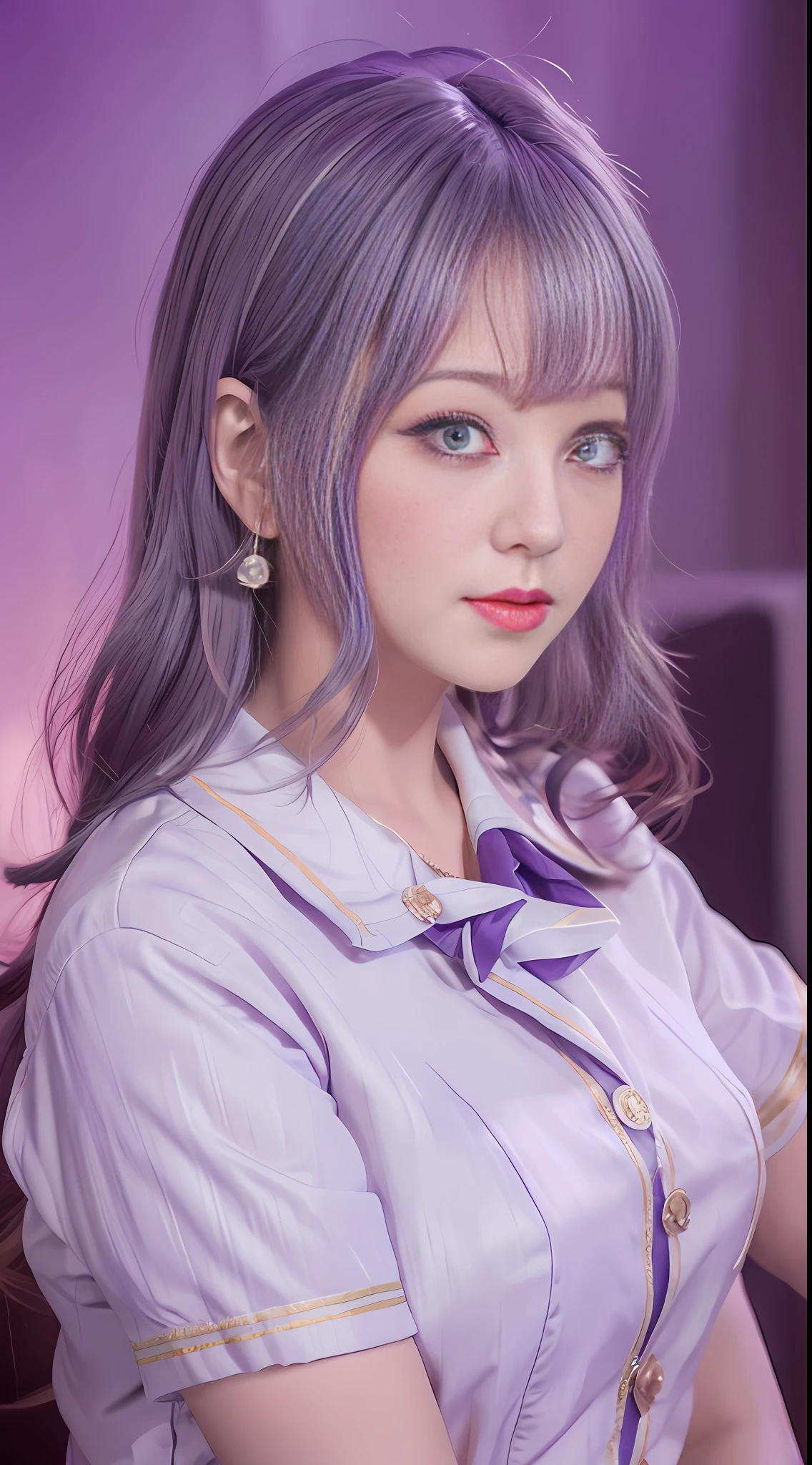 The painting style is soft, childish and cute, rich in ancient style, flowing and moving, full of flesh, girly heart, sweet and lovely, flight attendant uniform, simple atmosphere, loose and comfortable, purple tone, bright and soft lighting. The figure is fat