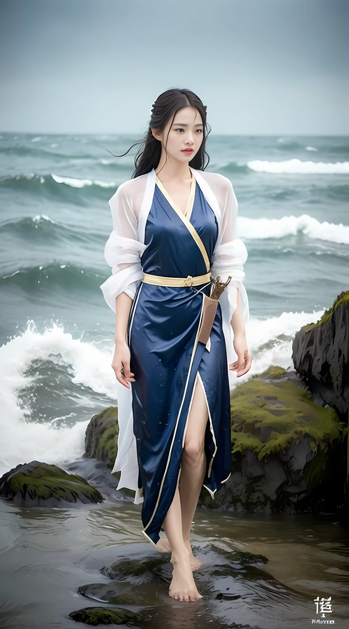 Korean woman, (masterpiece, beautiful person, sad demeanor), virtual YouTube, detailed skin texture, detailed cloth texture, exquisite and detailed face, masterpiece, collarbone, slender waist, slimming, tears, sadness, despair, 10,000 years ago, in the vast sea of wind and waves, ancient canoes floated on the waves, a woman standing on a canoe, holding a long sword in her hand, her hair and clothes wet by the sea and fluttering with the wind, (wet through: 1.5), (wet hair: 1.4), (costume, (white gauze clothes), Hanfu, heroine, immortal, immortal,), camera shot ten meters away, ((full body shot, wide angle lens)), on the ocean, in the rain, wet hair, low-tied long hair, crossover,