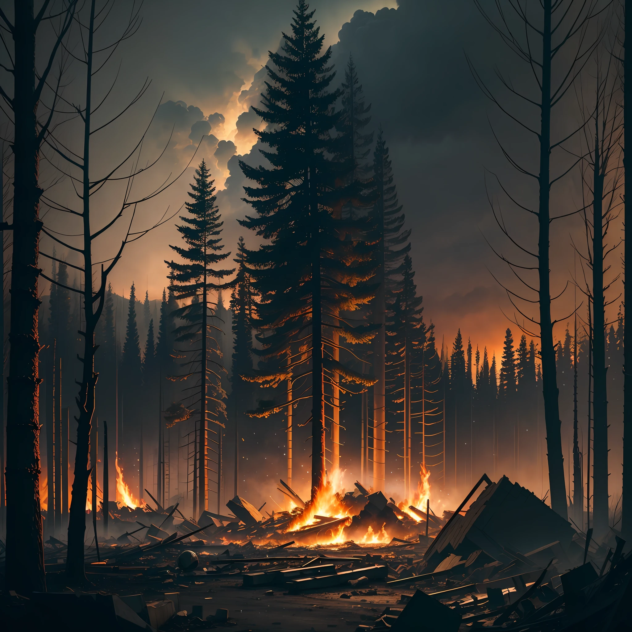 Burning plain, catching fire, rubble, destruction scene, Dusk, Upper-Atmospheric Lightning, forest