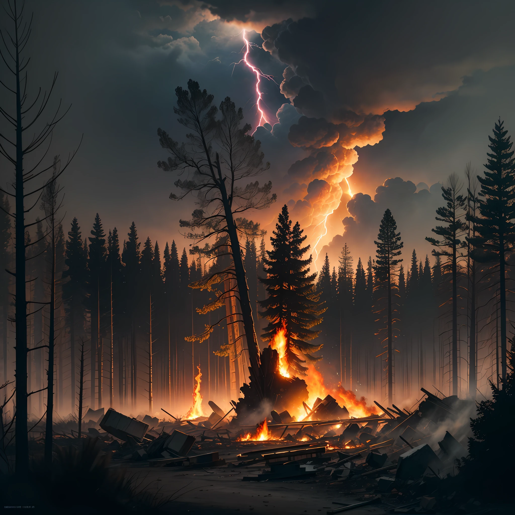 Burning plain, catching fire, rubble, destruction scene, Dusk, Upper-Atmospheric Lightning, forest