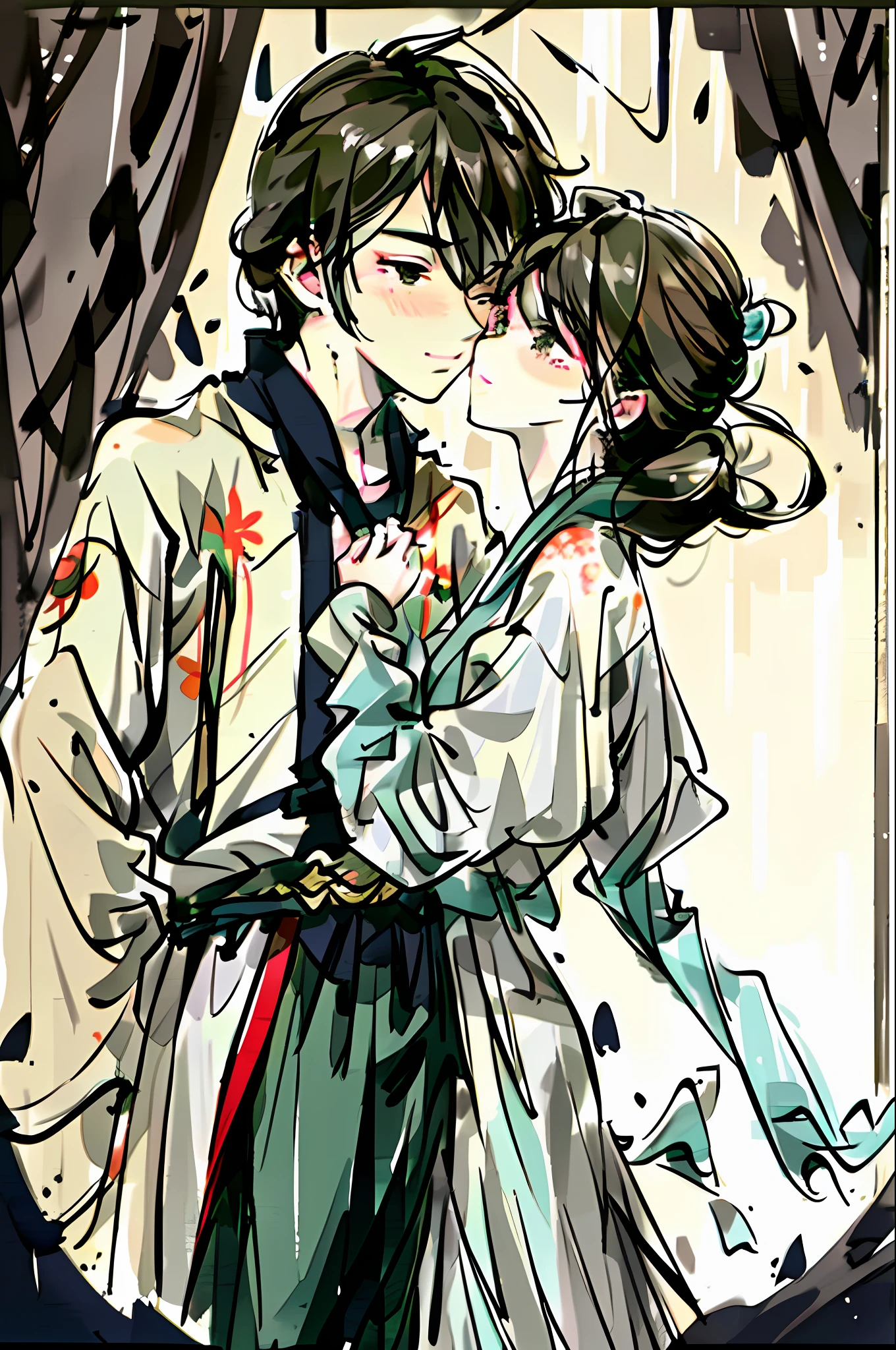 "Brunette son with ((wife)), kissing in the rain, deep affection, small and comfortable room, two people, blurry figure, 8k high resolution, best picture quality, super detail, real and high quality, expressiveness of outstanding details."