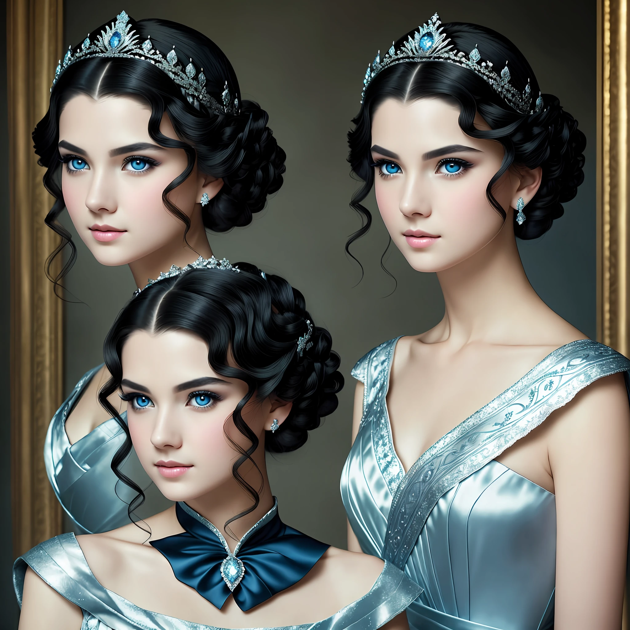 striking photo of a very beautiful princess ,serene facial expression, short black hair and wavy in a hairstyle with a silver crown, blue eye, pale skin, costumes: blue and silver dress and dark blue behaved,