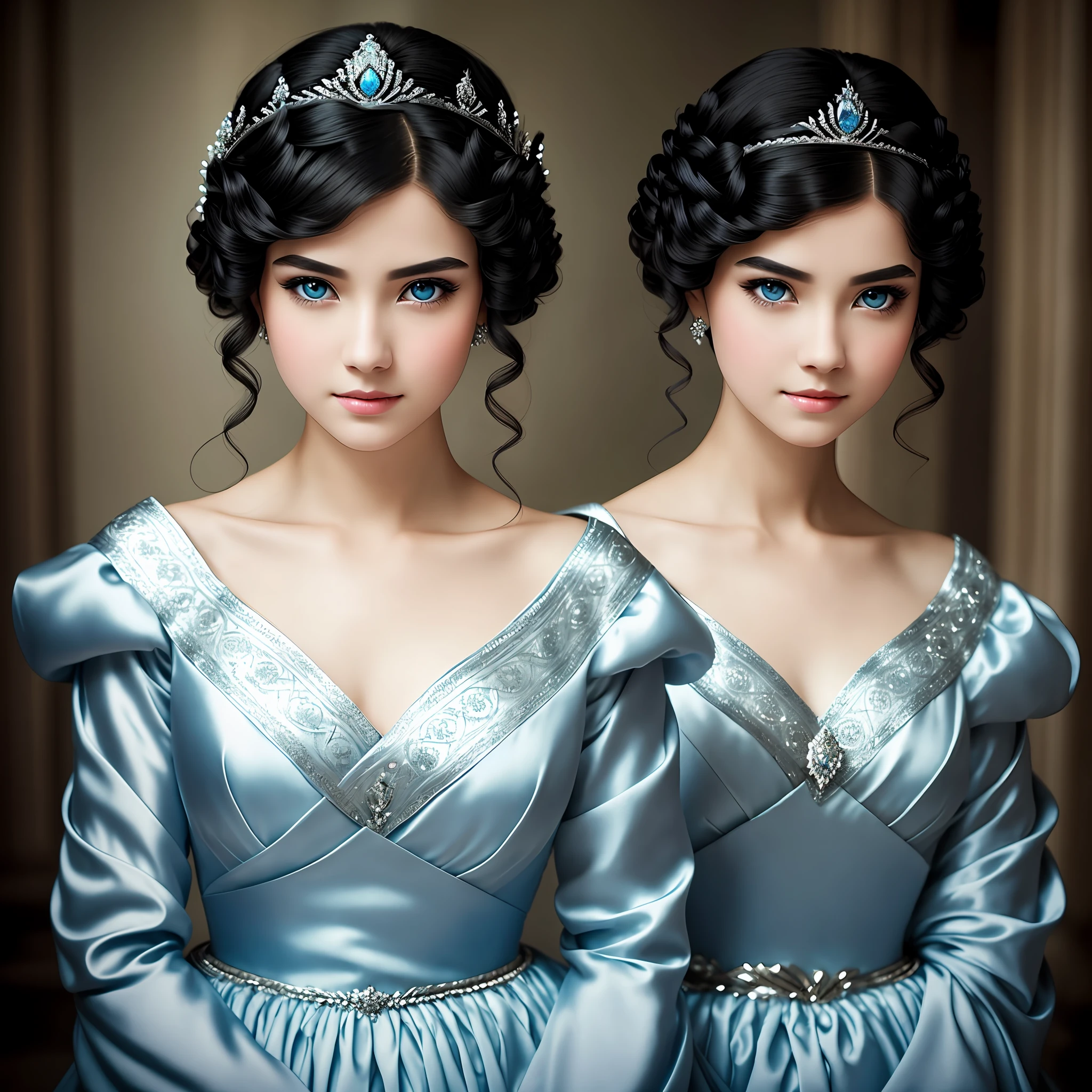 striking photo of a very beautiful princess ,serene facial expression, short black hair and wavy in a hairstyle with a silver crown, blue eye, pale skin, costumes: blue and silver dress and dark blue behaved,