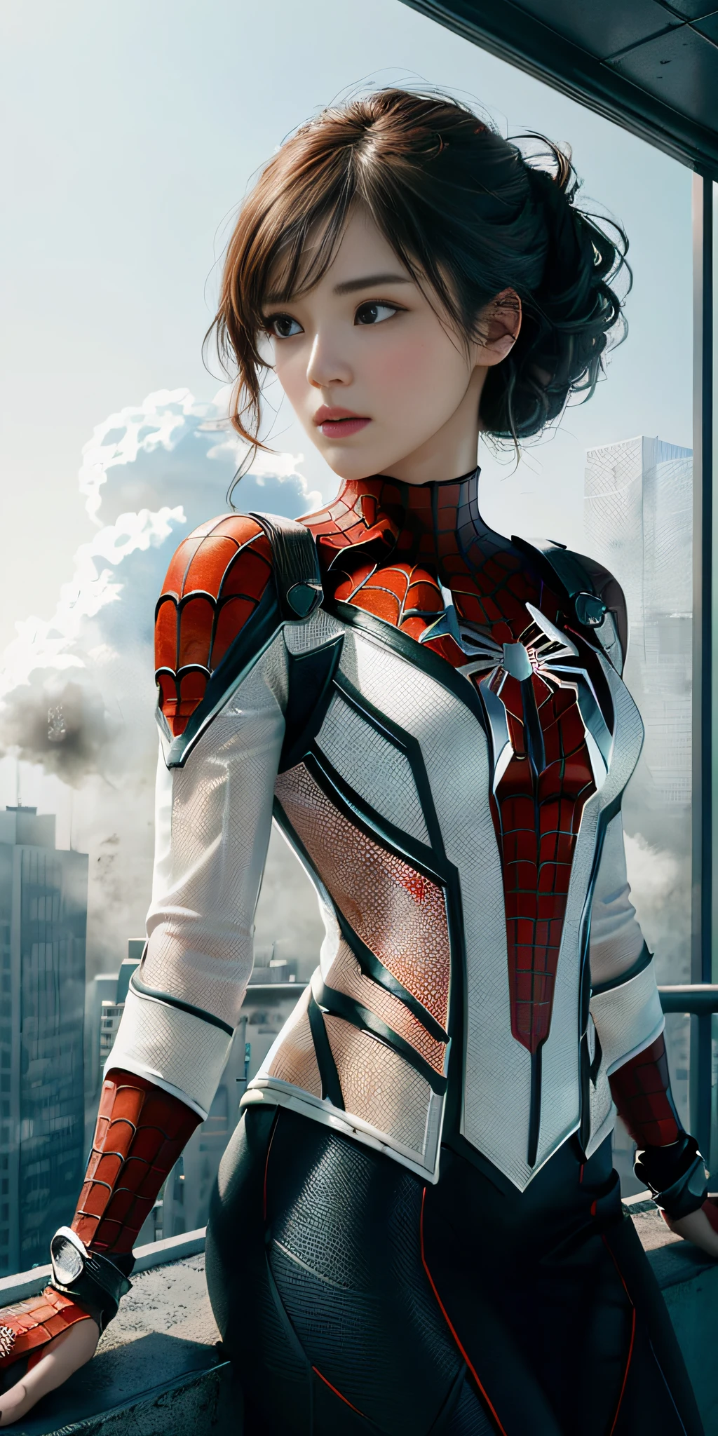 (1 girl:1.3), Solo, (((Highly detailed face)))), ((Highly detailed eyes and face)))), Beautiful detailed eyes, Body parts__, official art, unified 8k wallpaper, ultra detailed, beautiful and beautiful, beautiful, masterpiece, best quality, original, masterpiece, ultra fine photography, best quality, ultra high definition, realistic realism, sunlight, full body portrait, amazing beauty, Dynamic pose, delicate face, vivid eyes, (from the front), she is in a spider-man suit, red and black color scheme, spider, highly detailed city roof background, rooftop, overlooking the city, detailed face, detailed complex busy background, messy and gorgeous milky white, highly detailed skin, realistic skin details, visible pores, clear focus, volumetric fog, 8k UHD, DSLR, high quality, film grain, fair skin, photorealism, lomography, futuristic dystopian megalopolis, translucent,Japan people