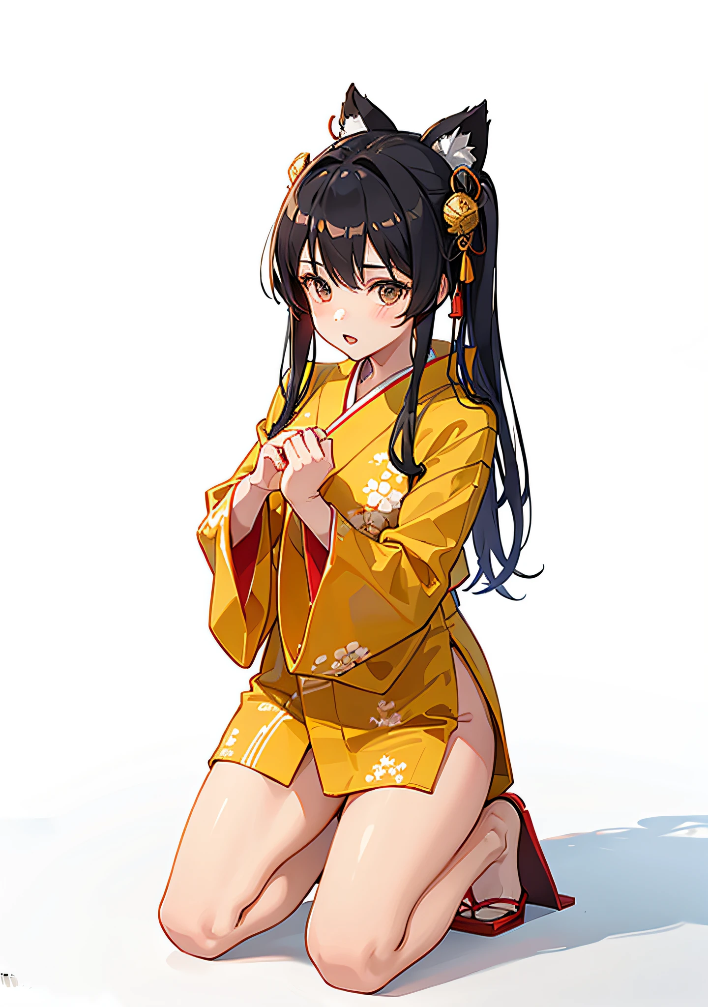 1girl kneeling down, wearing shoes and yukata, kitsune ears, kitsune tails,