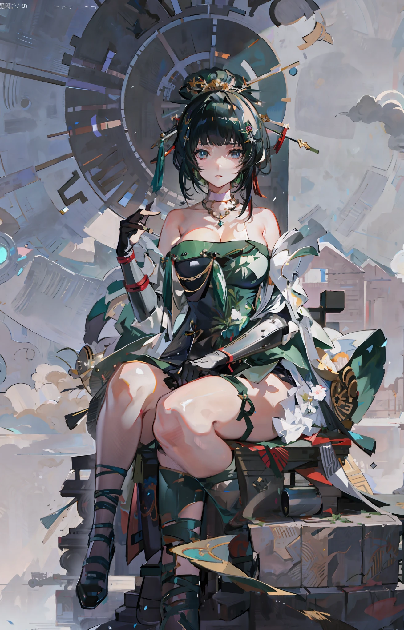 anime - style woman sitting on a large clock with a green dress, guweiz on pixiv artstation, guweiz on artstation pixiv, guweiz, artwork in the style of guweiz, best anime 4k konachan wallpaper, anime art wallpaper 8 k, anime art wallpaper 4k, anime art wallpaper 4 k