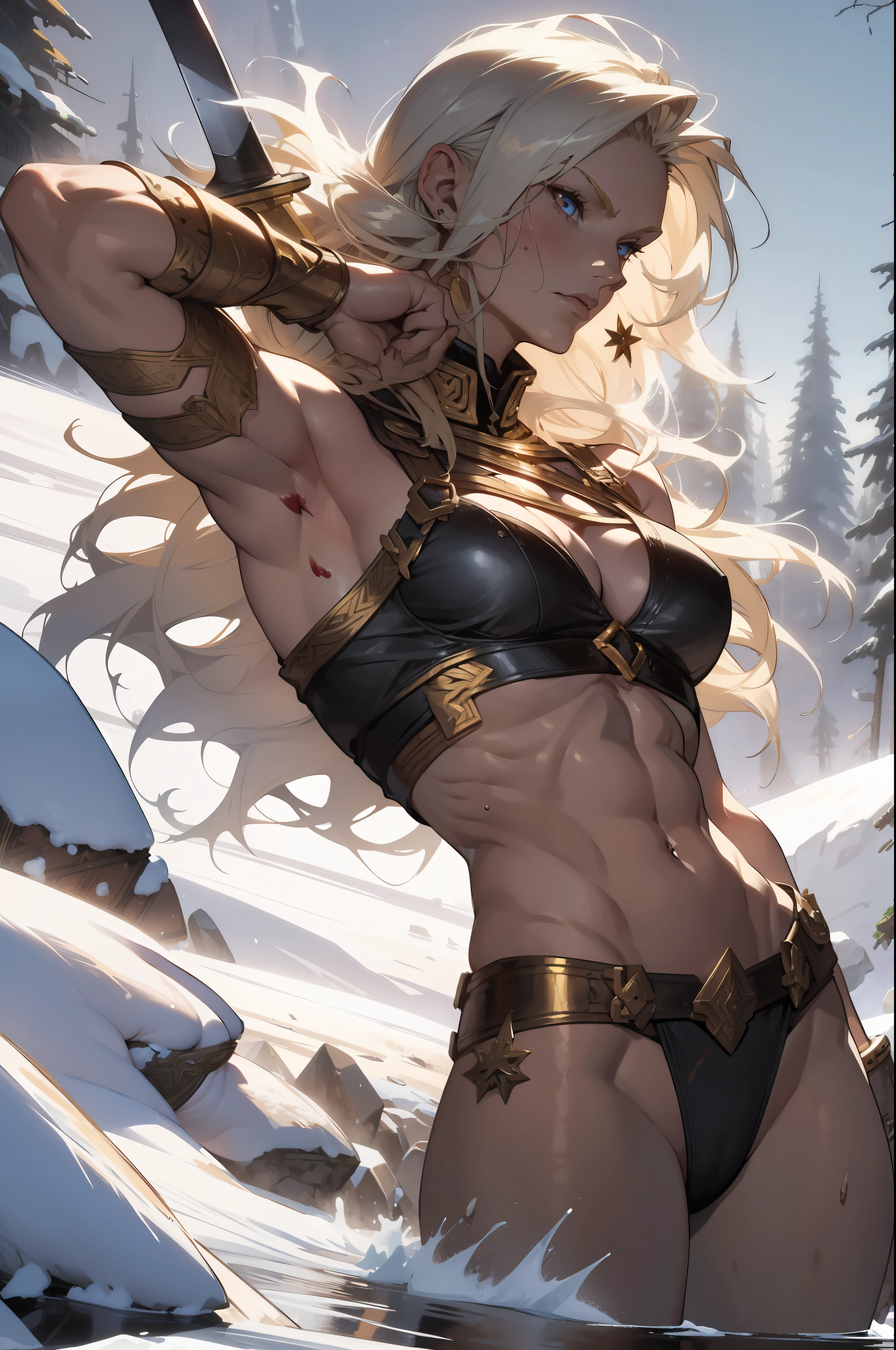 ((Simon Bisley)), Beautiful full-bodied woman, 30 years old, muscular and perfect body, blonde Viking warrior traced with little clothing, tiny thong, golden metal bra, polar bear skin covering her back, large breasts, generous neckline, holding a blood-stained sword, brave face, dark kingdom, sexy pose, walking on an icy mountain
