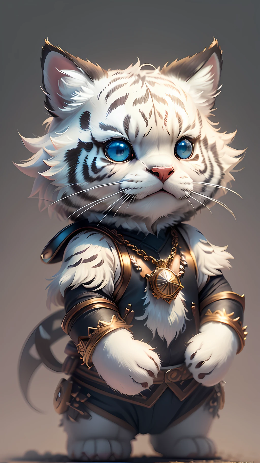 cute tiny  hyperrealistic white tiger with different color eyes waring a necklace, Chibi, adorable and fluffy, logo design, cartoon, cinematic lighting effect, charming, 3D vector art, cute and quirky, fantasy art, bokeh, hand-drawn, digital painting, soft lighting, isometric style, 4K resolution, photorealistic rendering, highly detailed clean, vector image, photorealistic masterpiece, professional photography, simple space backdrop, flat white background, isometric, vibrant vector