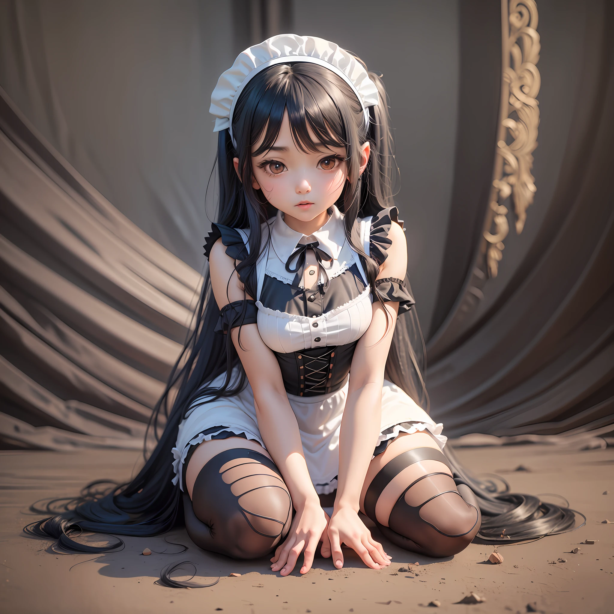 Black long-haired ****, wearing a maid outfit, kneeling, legs and five fingers, more flesh, cute two-dimensional, background backlit HD --auto --s2