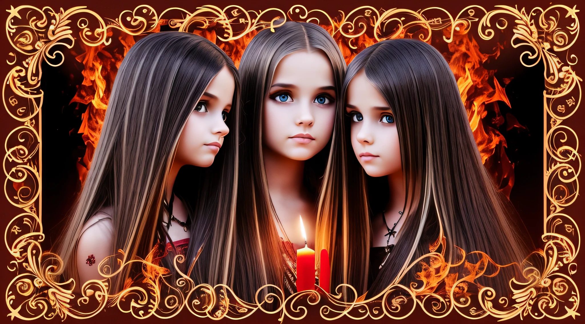 GIRLS CHILDREN, BACKGROUND WITH CROSSES, BLONDES WITH VERY LONG STRAIGHT HAIR GOTHS, WITH FIRE CANDLES. BACKGROUND RED CURTAINS.