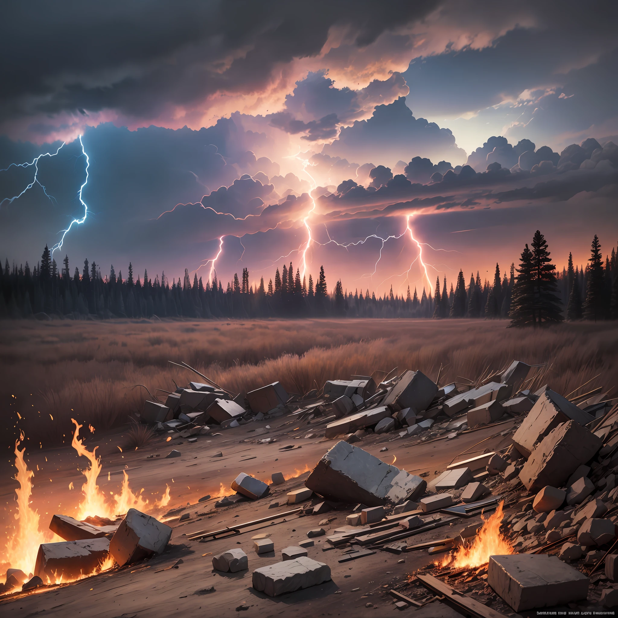 Burning plain, catching fire, rubble, destruction scene, Dusk, Upper-Atmospheric Lightning, forest