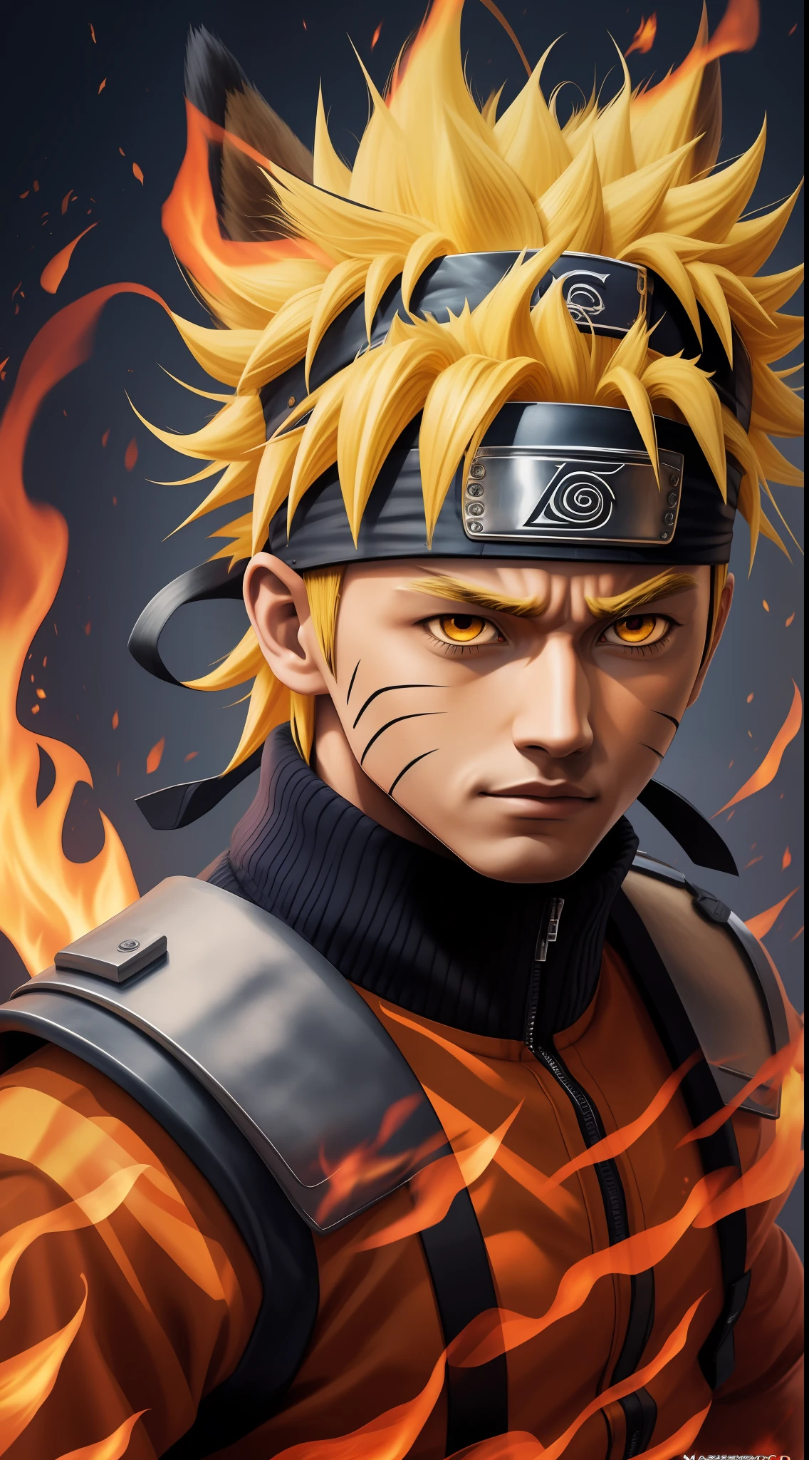 "((masterpiece)) man, 23 years old, exceptional quality, ultra-detailed detathes, CG image with 8k resolution, sennin mode clothing, naruto sennin mode, dark lighting, black background, elements of fire and flames, eight fox tails, yellowish blonde hair, bright and intense eyes, high quality illustration"