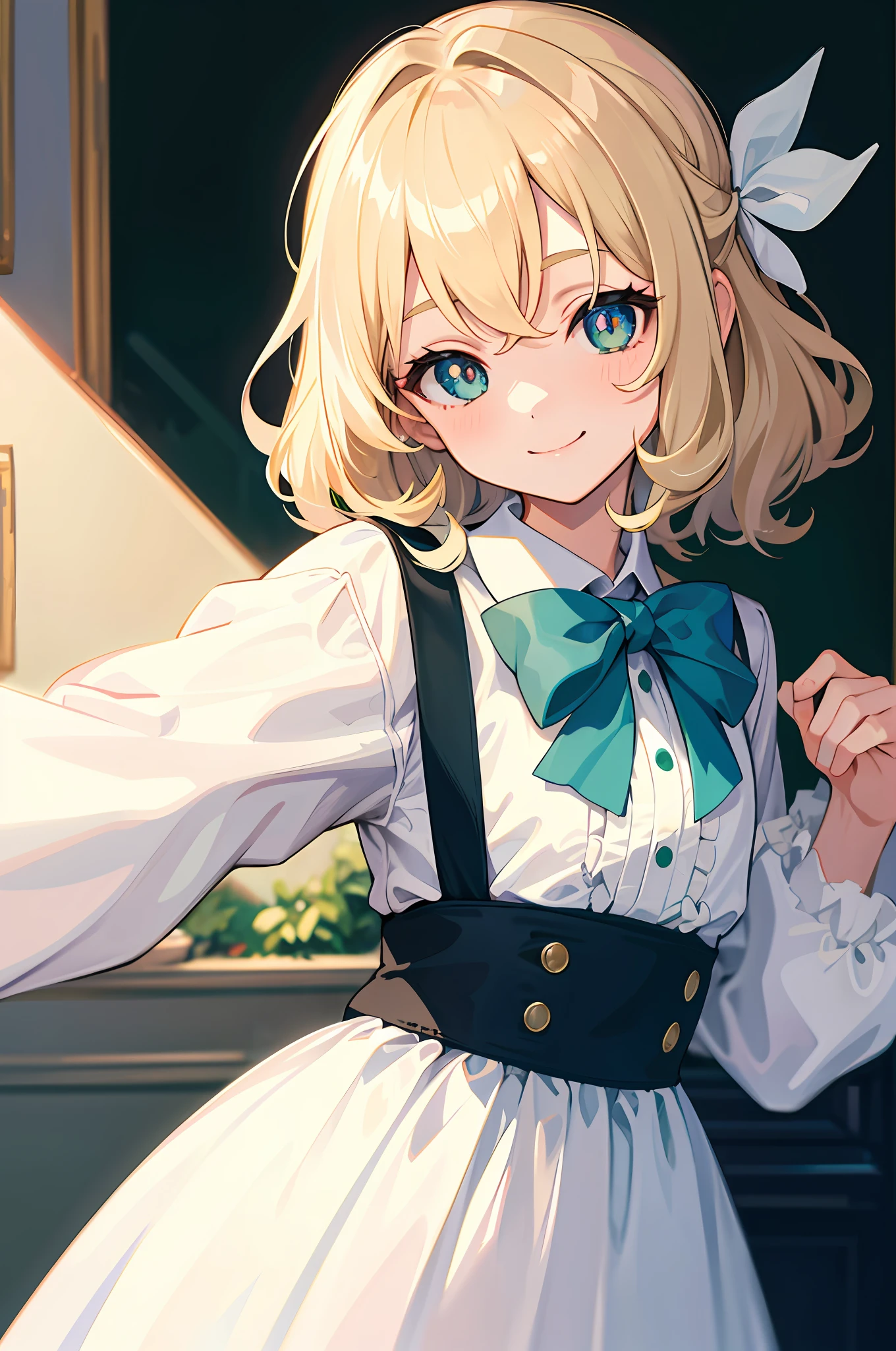 (Masterpiece, best quality), smile, light blonde hair, white bow, blue-green pupils, clear picture quality, single, slightly curly medium, girl, no knotted hair