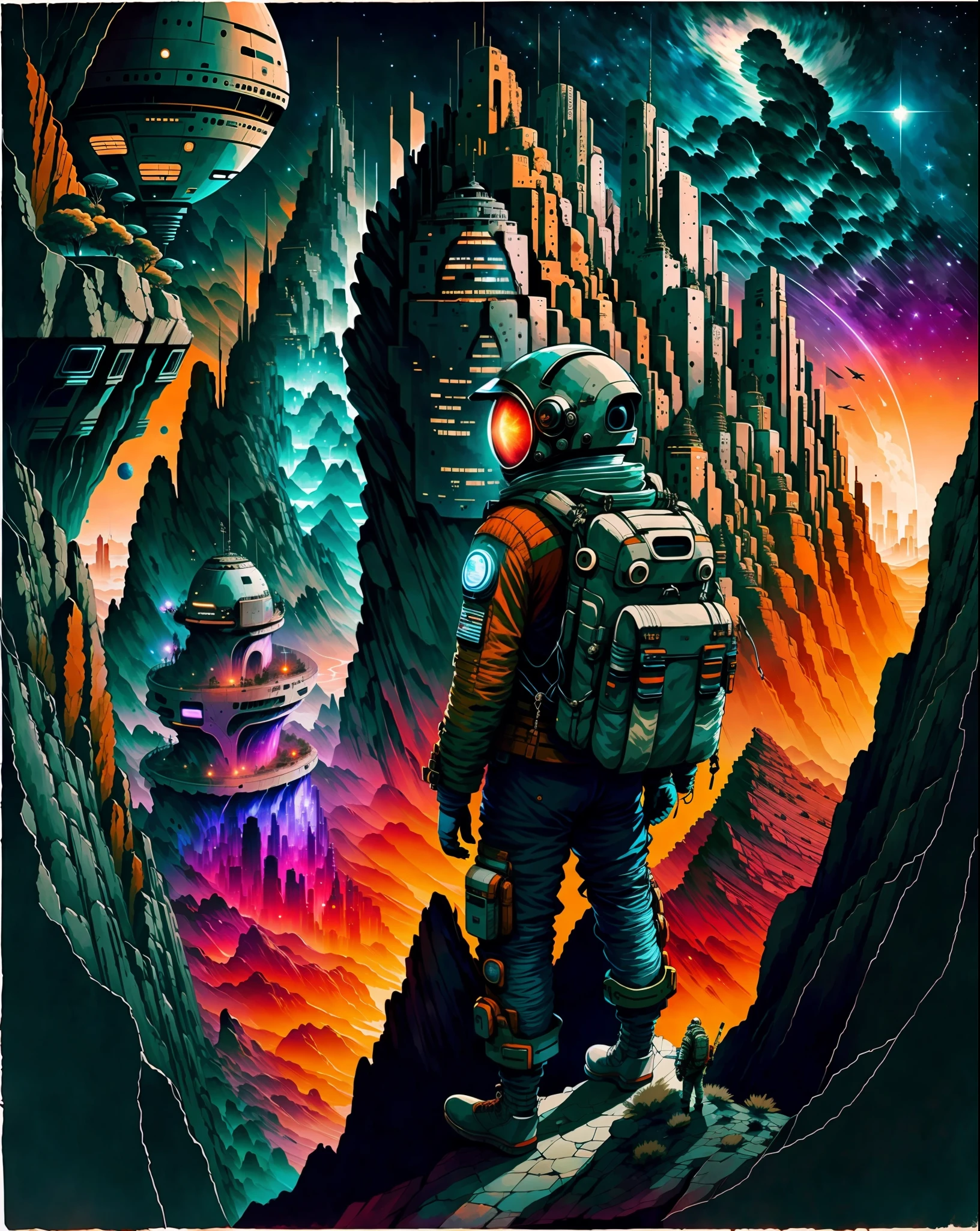 an astronaut standing on a karst mountain overlooking a dystopian new york city, on an extrasolar planet complete with lush scenery, night view, illustration, cartoon, soothing tones, calm colors, (dark shot:1.17), epic realistic, faded, ((neutral colors)), art, (hdr:1.5), (muted colors:1.2), hyperdetailed, (artstation:1.5), cinematic, warm lights, dramatic light, (intricate details:1.1), complex background, (rutkowski:0.8), (teal and orange:0.4)
