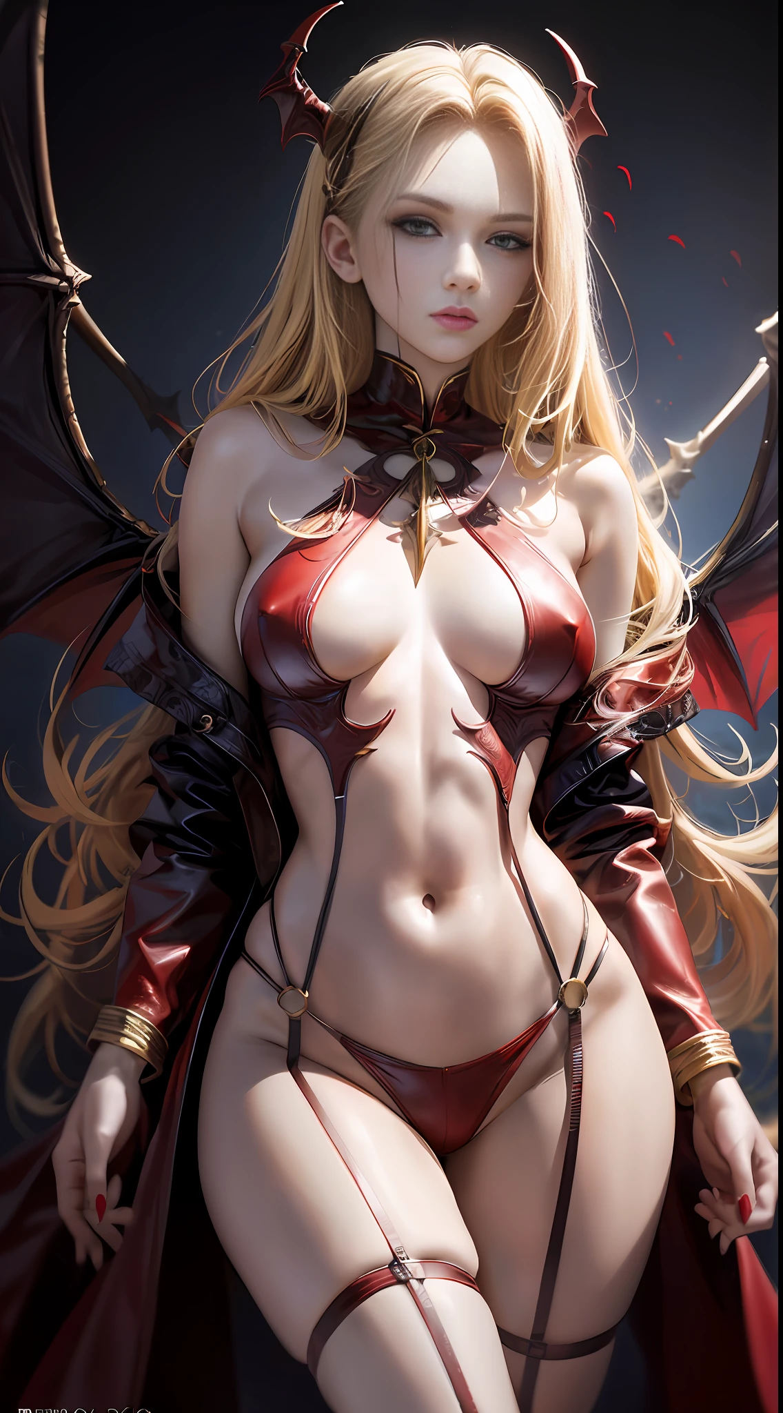 Master painting, 8K picture quality, master painting, 8K picture quality, small breast, demon wings, delicate eye portrayal, delicate facial features portrayal, delicate body portrayal, delicate makeup depiction, red leather coat, long blonde hair, slender figure, open chest, long legs, ((exposed)) ((injured)) full of blood, looming, gorgeous jewelry