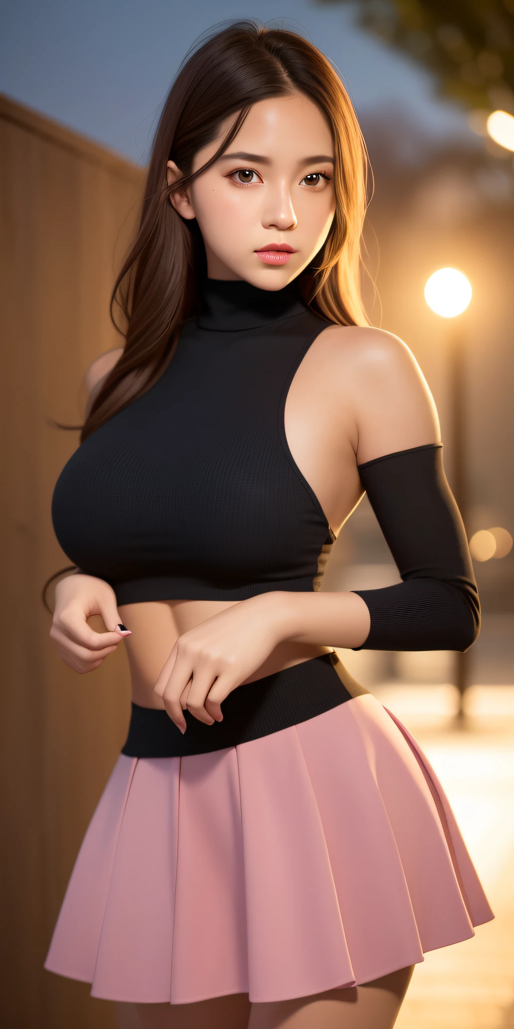 Realistic, 1girl, glowing eyes, cropped top, skirt, parted lips, blush, night, sun, sun, big breasts, sexy, busty, pretty little sister, fashion dressing style, model styling, fashion supermodel, no breast, turtleneck