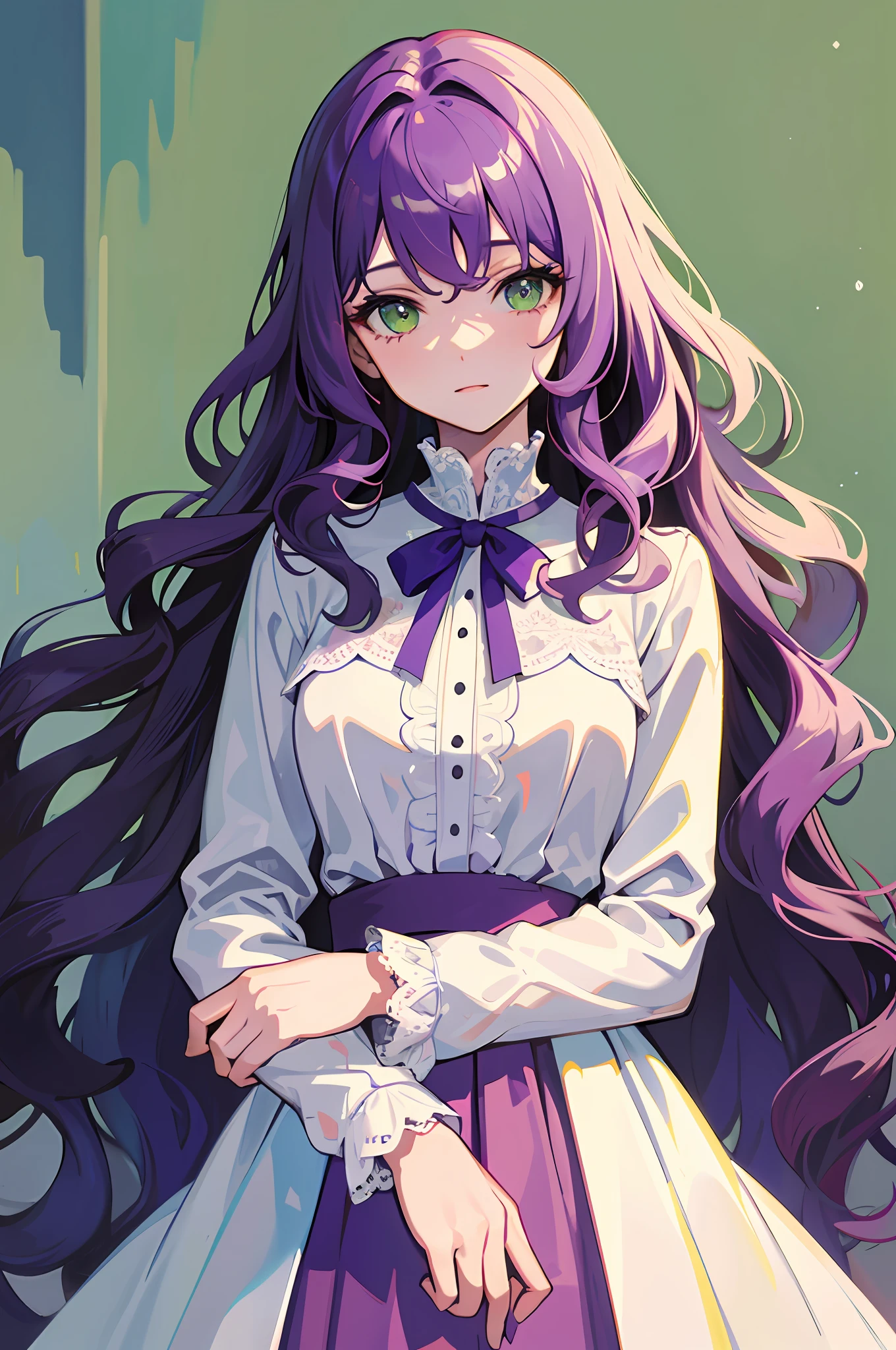 Masterpiece, best quality, simplicity, illustration, white long dress, bow, pleated lace, masterpiece, best quality, super detailed, portrait of a beautiful girl, long (wavy) purple hair, golden green eyes,