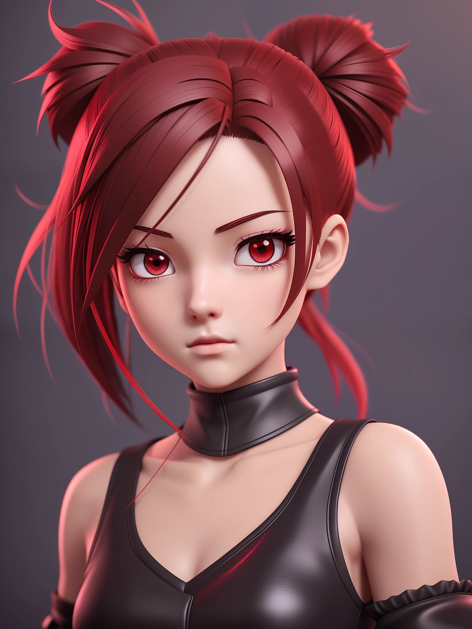 Young girl, a cartoon character dark red outfit, ((cold expression and tired eyes)), ((hair up to shoulder)), (red eyes), stylized character, animation character, stylized 3d render, 3d character, highly detailed character, stylized anime, stylized 3d, render character, character model, closeup, (maximum quality)