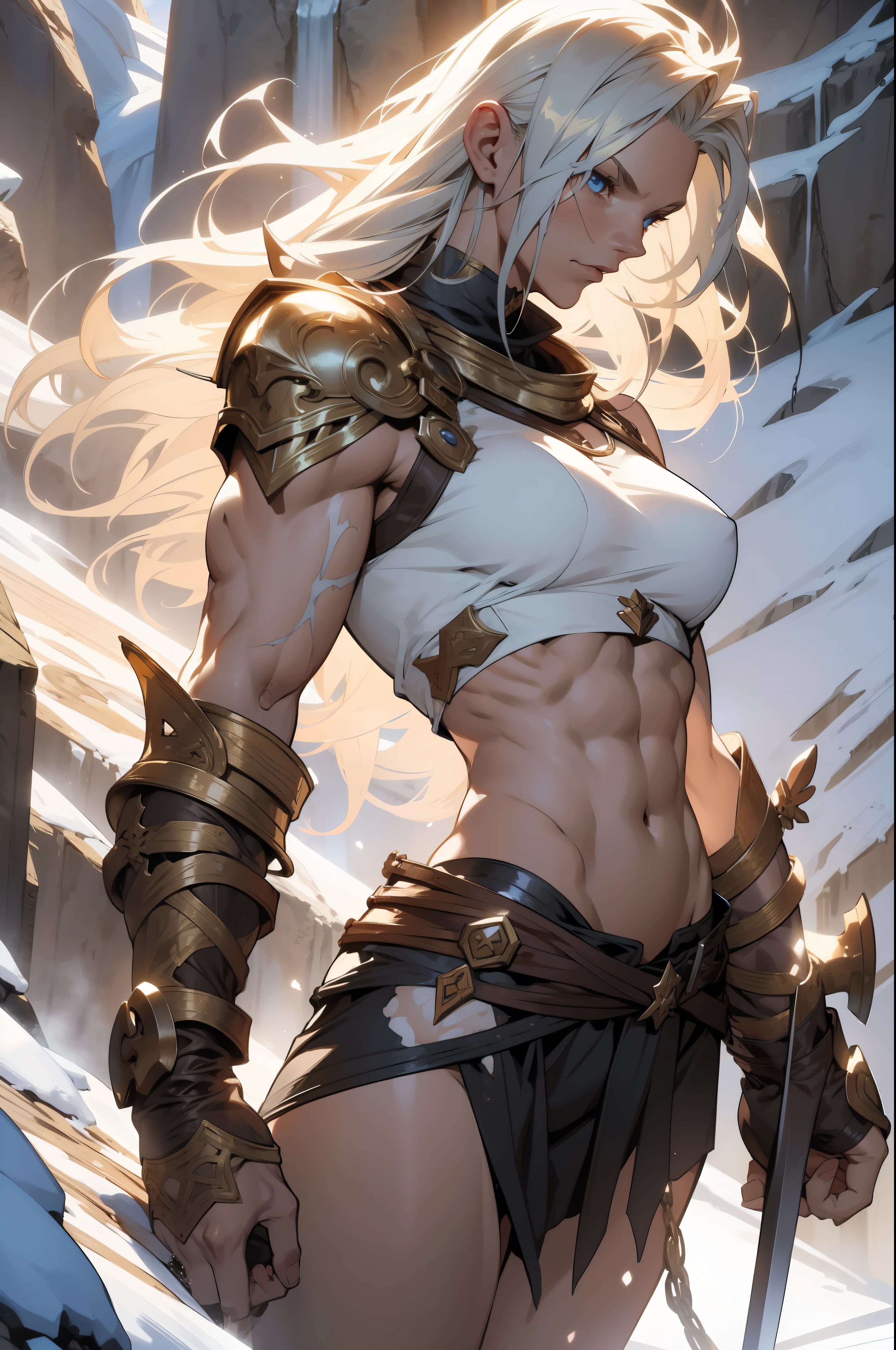 ((Simon Bisley)), Beautiful full-body woman, 30 years old, muscular and perfect body, blonde Viking warrior traced with little clothing, tiny , golden metal bra, polar bear skin covering her back, , generous neckline, holding a blood-stained sword, brave face, dark kingdom,  pose, climbing an icy mountain