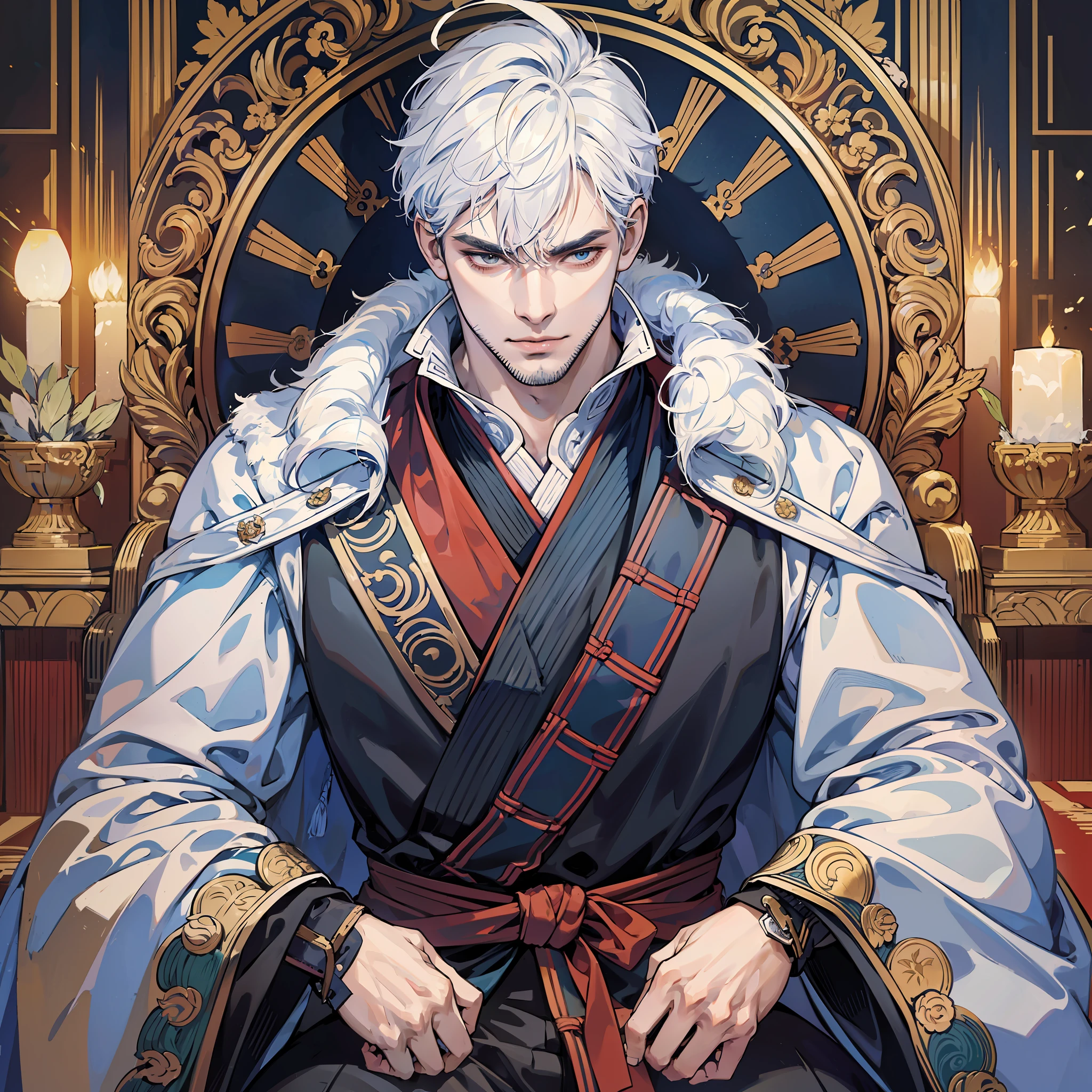 (open image) (kaisen jujutsu style), (line art:1.5), (1 men:1.3), ((color)), mature man, royal robes, crown on his head, low beard, white hair, (masterpiece, sentadd on the royal throne, evil expression,superior quality, better quality), well detailed strokes, extremely detailed background, good composition, good anatomy, perfect lighting, good shading, (realistic:1.3), --auto --s2