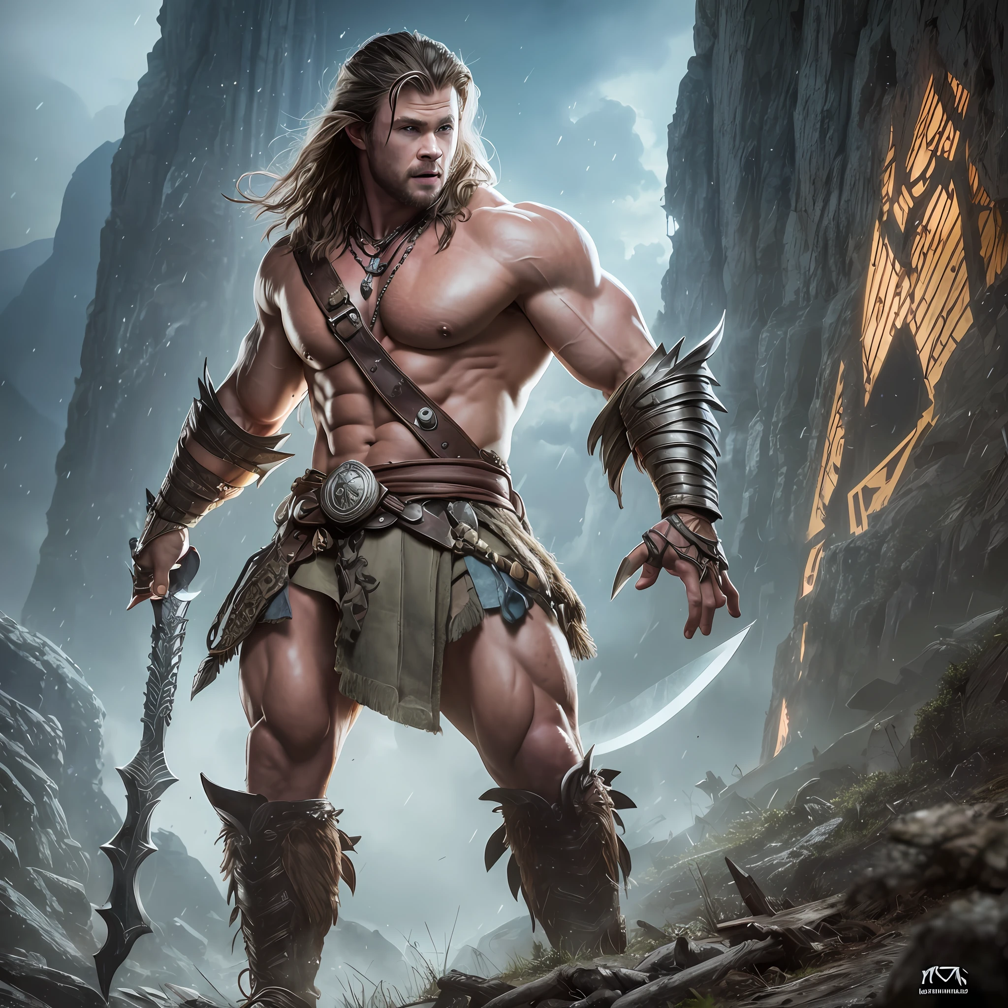 Chris Hemsworth as a barbarian from dungeons and dragons, lean muscles, DnD, in the style of realistic and hyper-detailed renderings,dungeons and dragons, 8k, detailed eyes, perfect eyes, epic , dramatic , fantastical, full body , intricate design and details, dramatic lighting, hyperrealism, photorealistic, cinematic, 8k, detailed face, Dramatic photo,epic photo, whole body,barbarian
