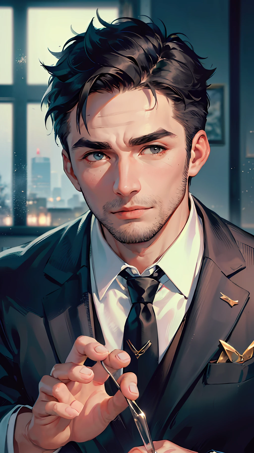 (absurdres, highres, ultra detailed), (1 male, solo, adult, mature:1.4, aged up:1.4, old age, tall muscular guy, broad shoulders, handsome), very short hair, black hair, pomade, brown eyes, (angular jaw:1.4, thick neck:1.4, thick eyebrows:1.4), BREAK, night, dark, the night view of the city through a large window, formal suit, necktie, BREAK, upper body, --auto --s2