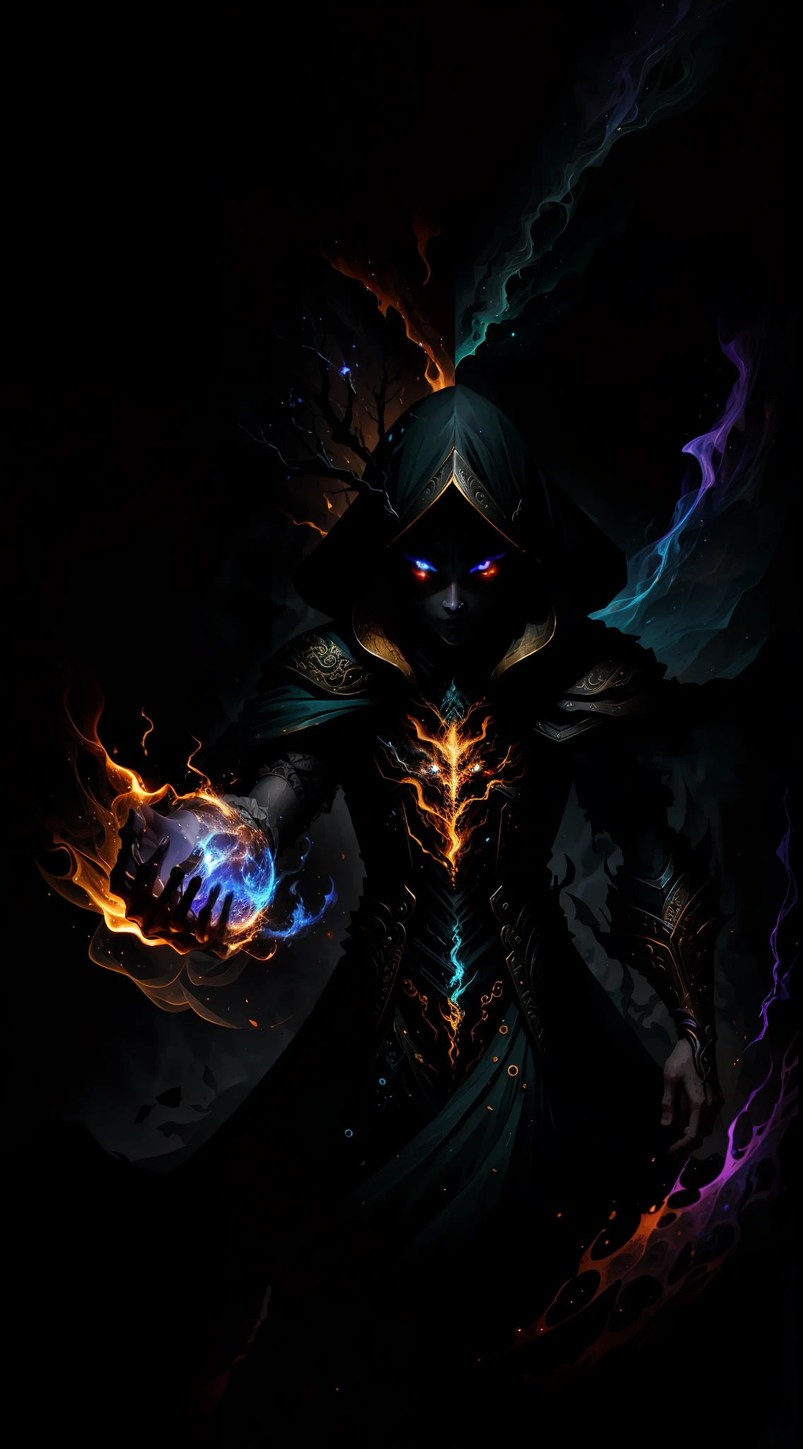 A demon witch casting fire spells, beautiful, very detailed, surreal, cinematic lighting, dark, space background, soft cinematic lighting, (backlight: 1.2), (flare: 1.2), (flash: 1.1), (chromatic aberration: 1.2), clear focus, high contrast, V0id3nergy magic aura, V0id3 energy battle mage, V0id3 nergy cute hollow