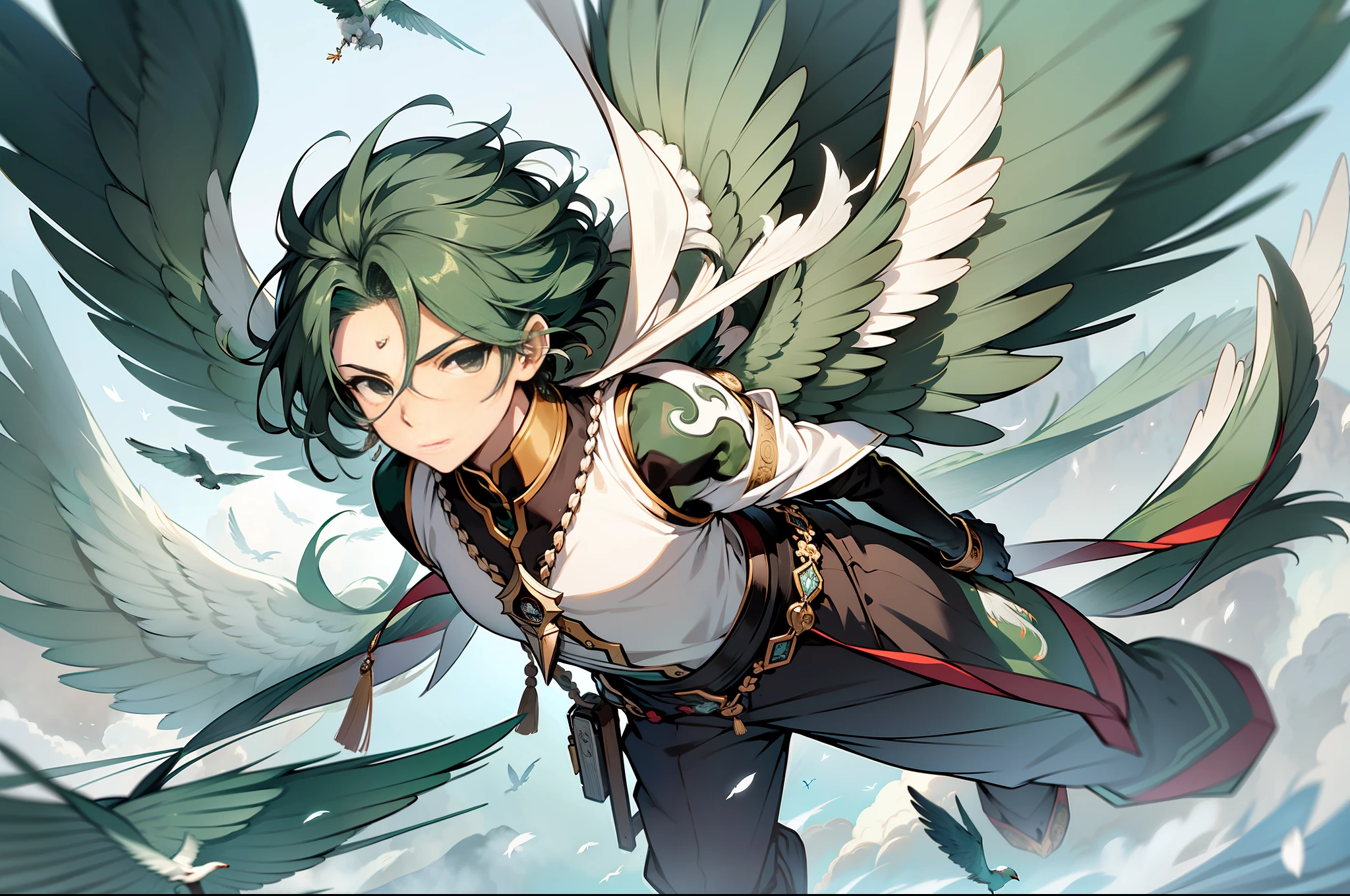 Masterpiece, best quality, highly detailed, panorama, exquisite facial features, 1 boy, loose trousers, solo, expressionless, green hair, feathered wings, flying in the air, outdoors, chinese wind, bird, feathers floating in the air, ethereal power, whirlwind, steam, whirlwind in background, white tones, whirlwind, ethereal atmosphere