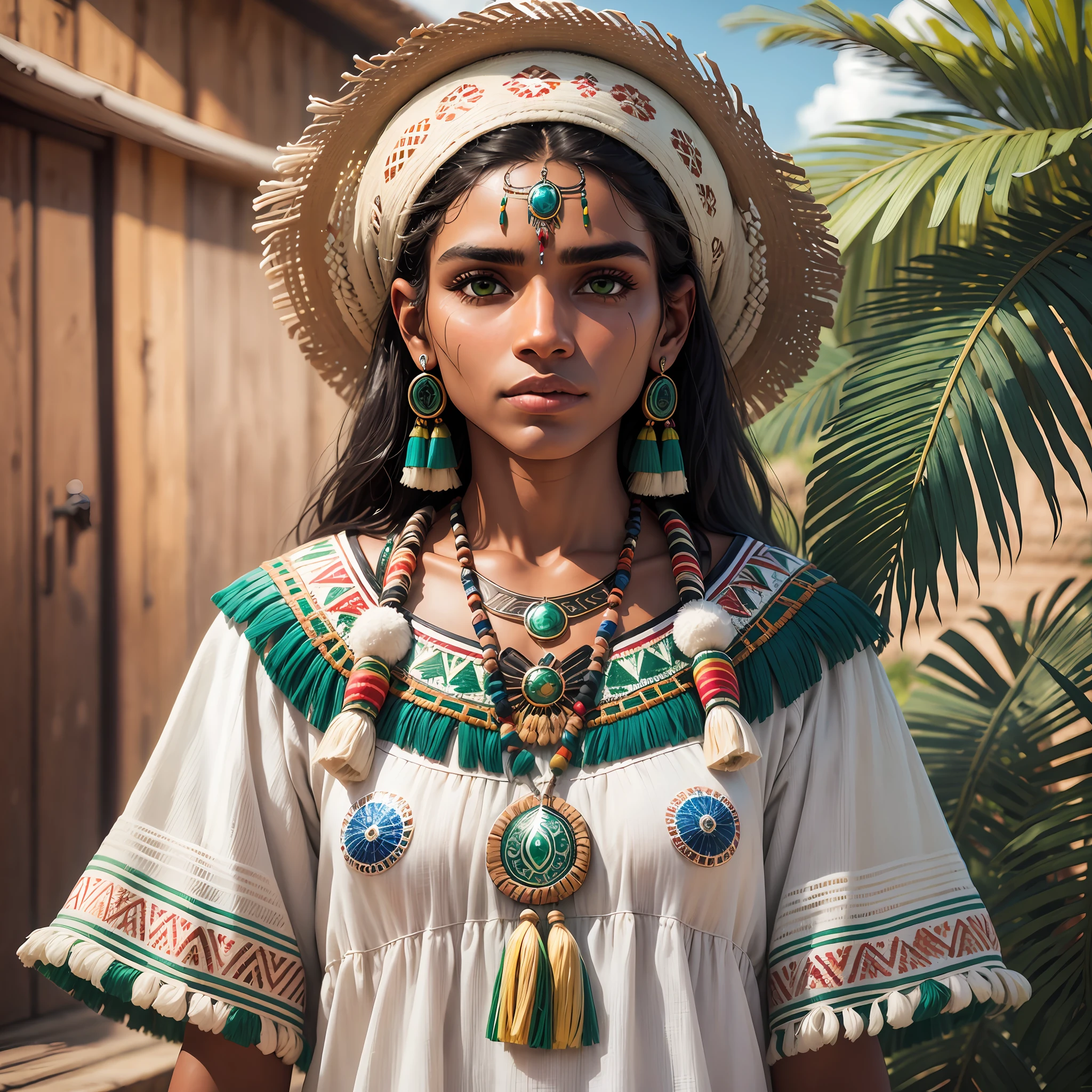 Macumbeiro, Brazilian, man, ultra realistic, with details of the culture of the indigenous, jeans, white blouse, object with the same theme, green luminescent eyes, UHD, super defined details --auto --s2